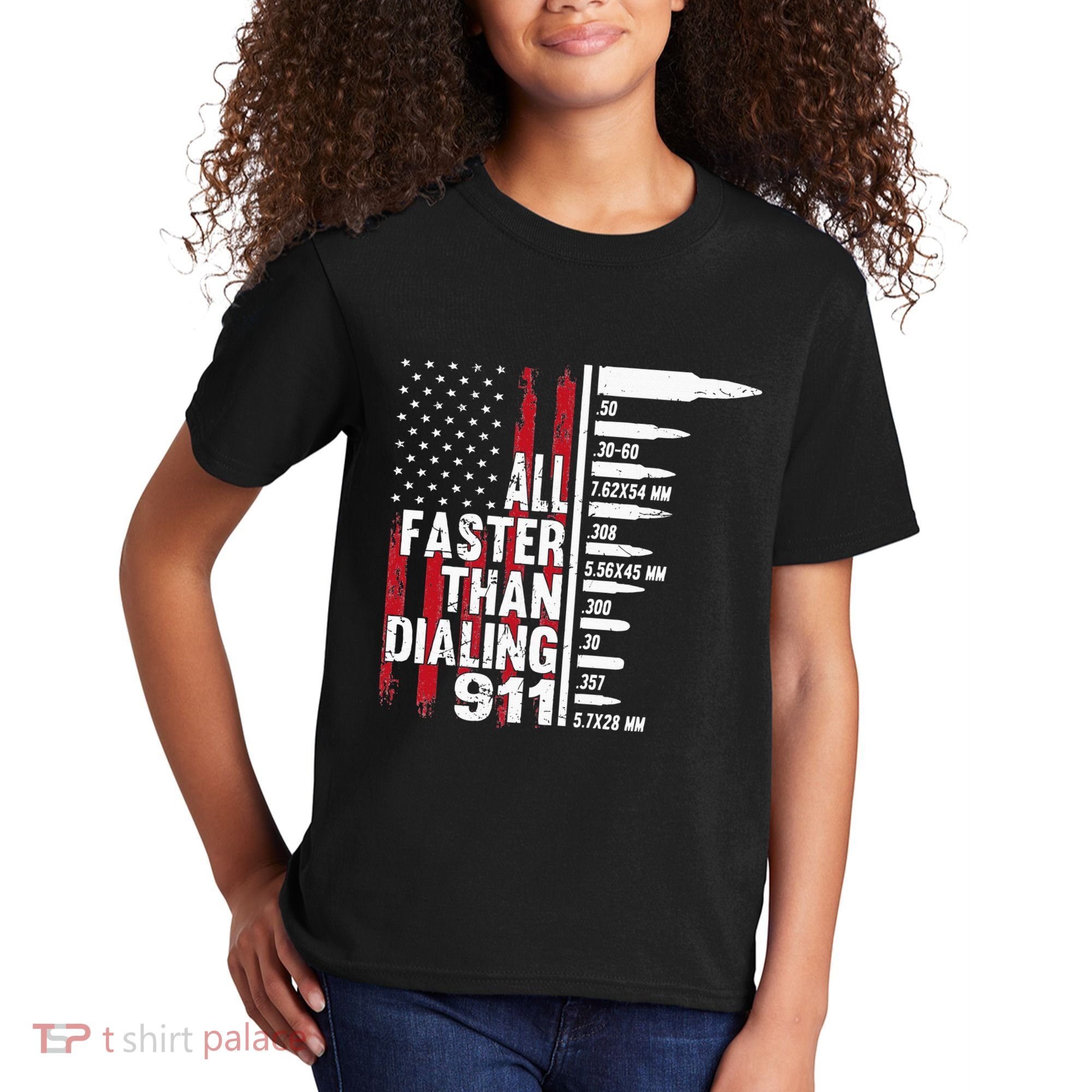 All Faster Than Dialing 911 American Flag Gun Lover Kids T-Shirt