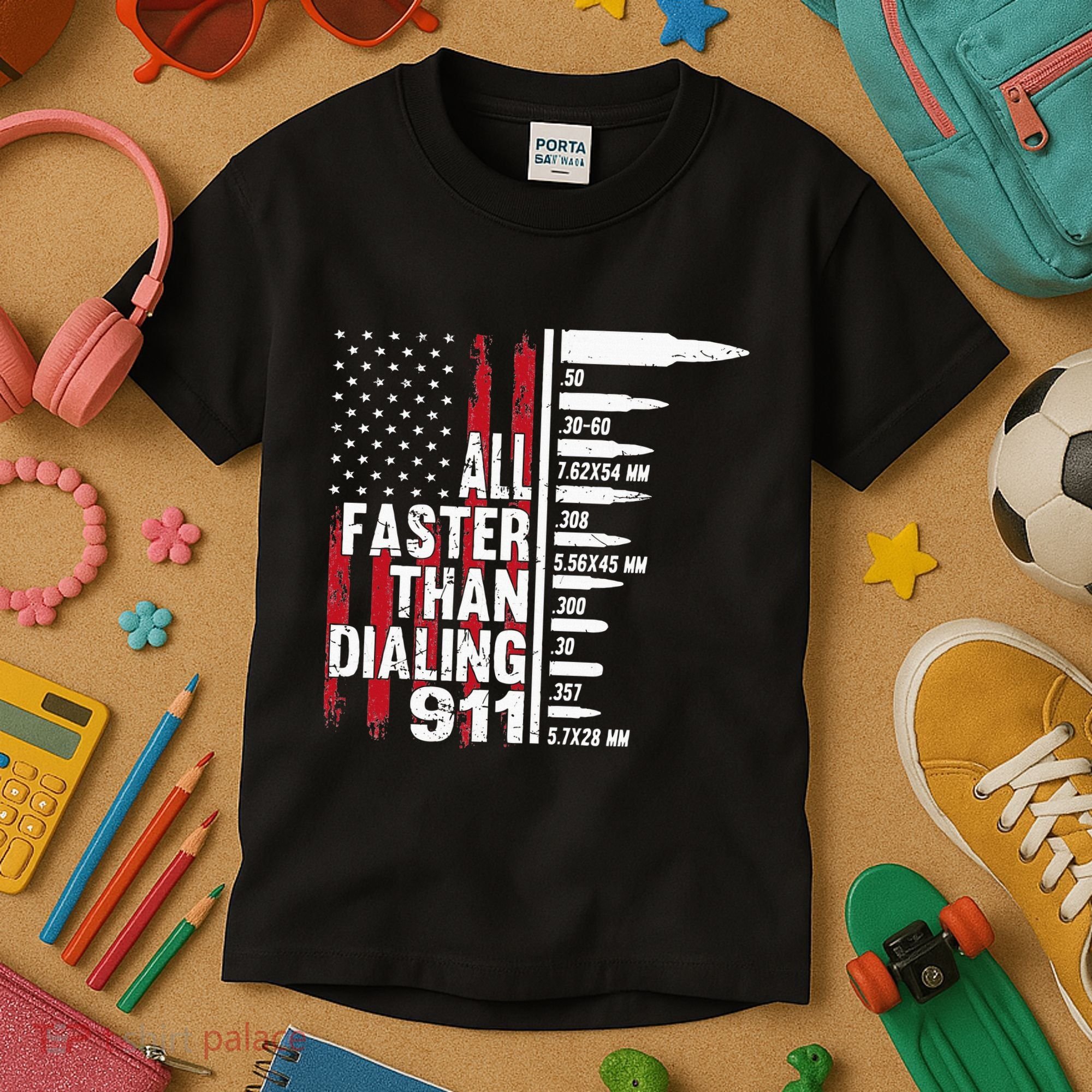 All Faster Than Dialing 911 American Flag Gun Lover Kids T-Shirt