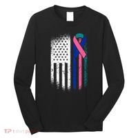 American Flag Thyroid Cancer Awareness Ribbon USA Warrior Long Sleeve Shirt thumb 0