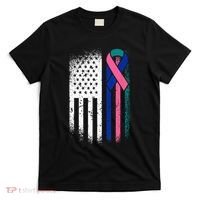 American Flag Thyroid Cancer Awareness Ribbon USA Warrior T-Shirt thumb 0