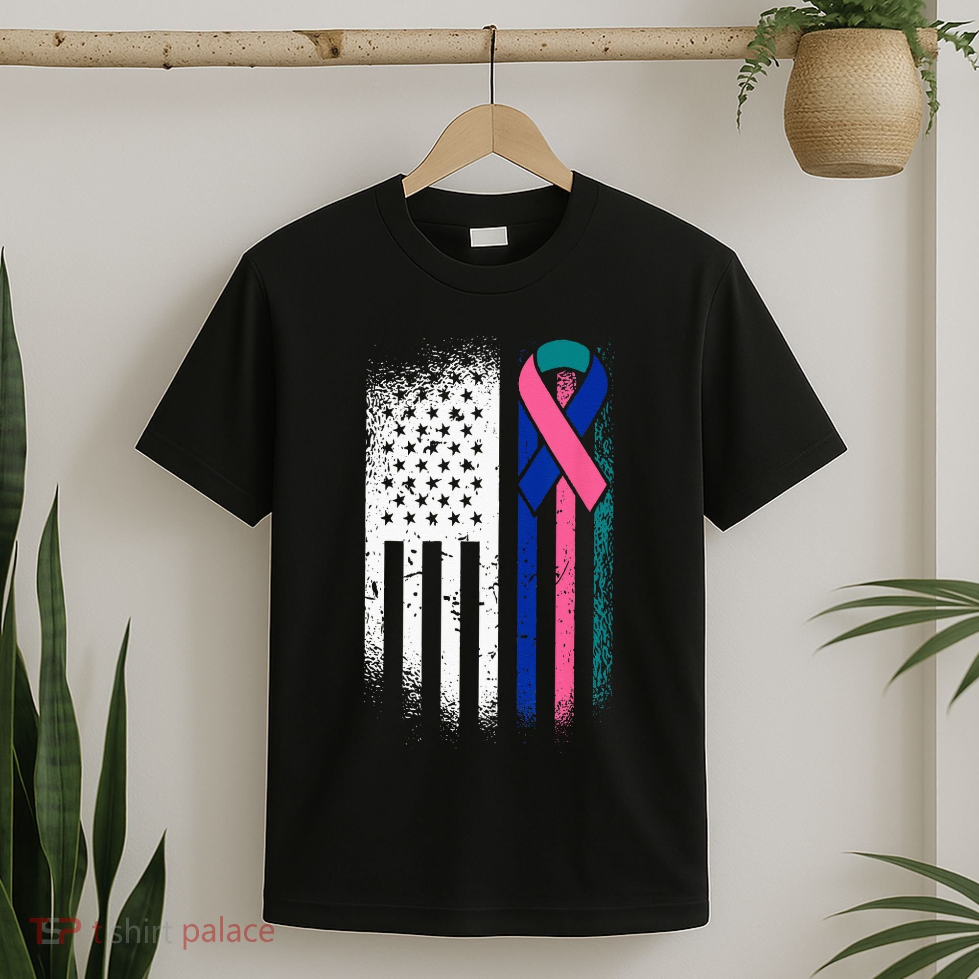 American Flag Thyroid Cancer Awareness Ribbon USA Warrior T-Shirt