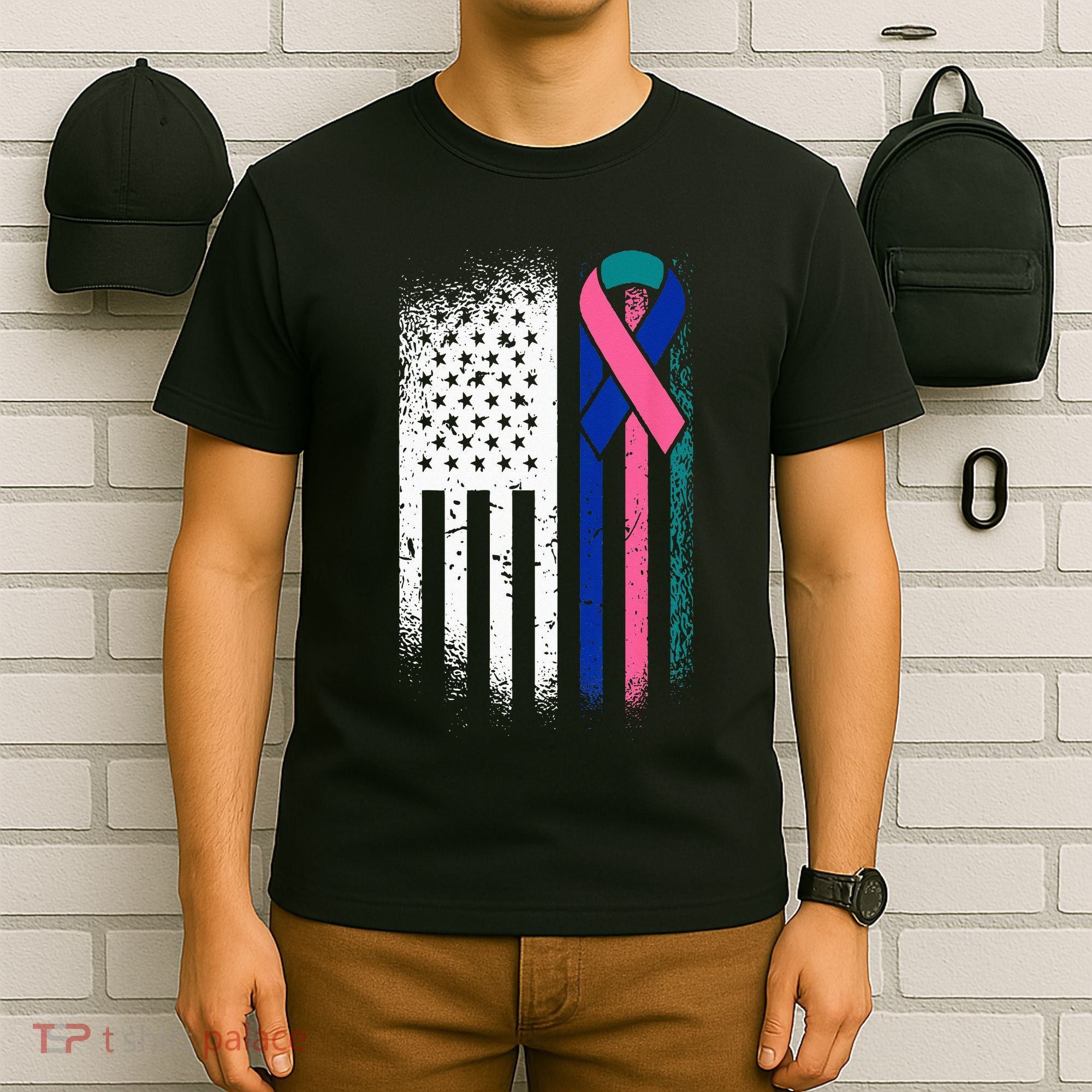 American Flag Thyroid Cancer Awareness Ribbon USA Warrior T-Shirt