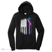American Flag Thyroid Cancer Awareness Ribbon USA Warrior Women's Hoodie thumb 0