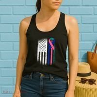 American Flag Thyroid Cancer Awareness Ribbon USA Warrior Women's Tank Top thumb 2