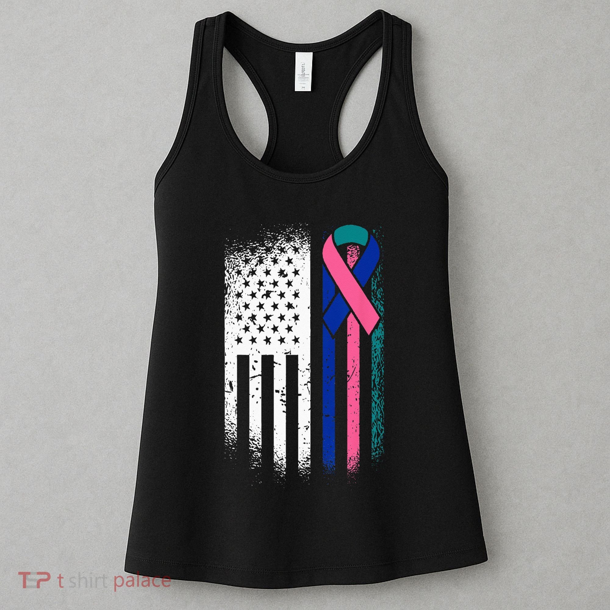 American Flag Thyroid Cancer Awareness Ribbon USA Warrior Women's Tank Top