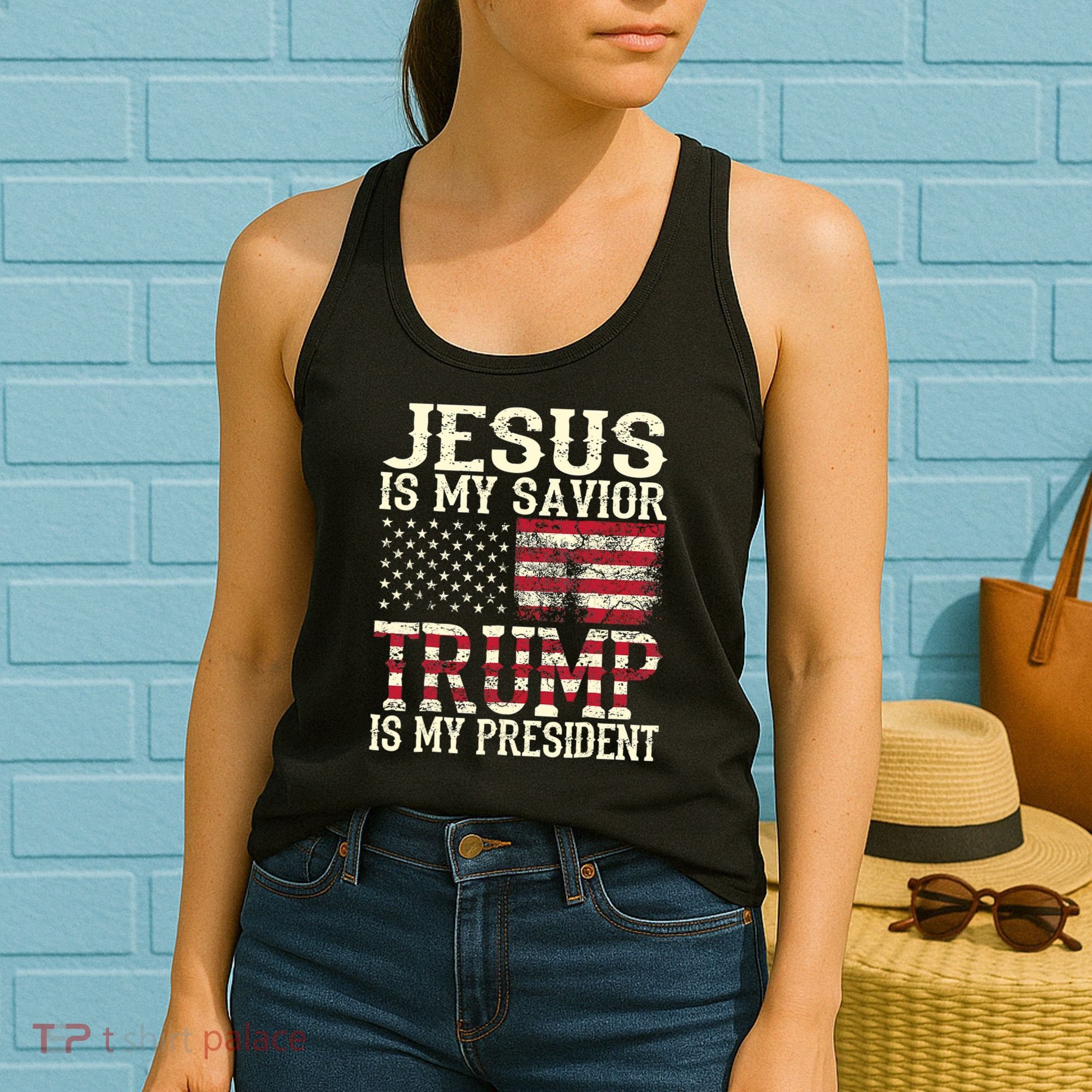 American Flag Tee Jesus Is My Savior Trump Is My President Women's Tank Top