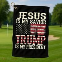 American Flag Tee Jesus Is My Savior Trump Is My President Golf Towel thumb 1