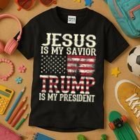 American Flag Tee Jesus Is My Savior Trump Is My President Kids T-Shirt thumb 3