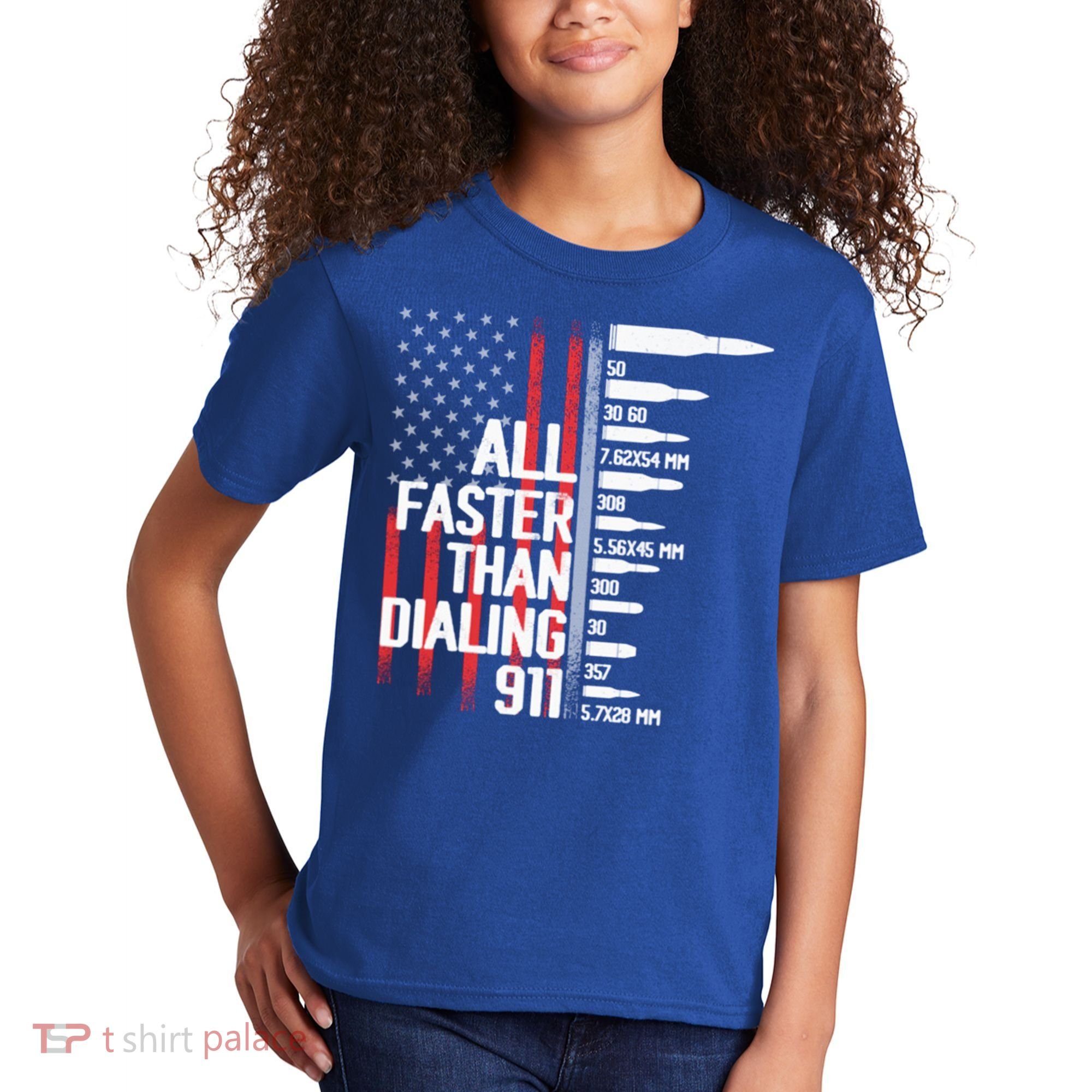 All Faster Than Dialing 911 American Flag Funny Gun Owner Gift Kids T-Shirt