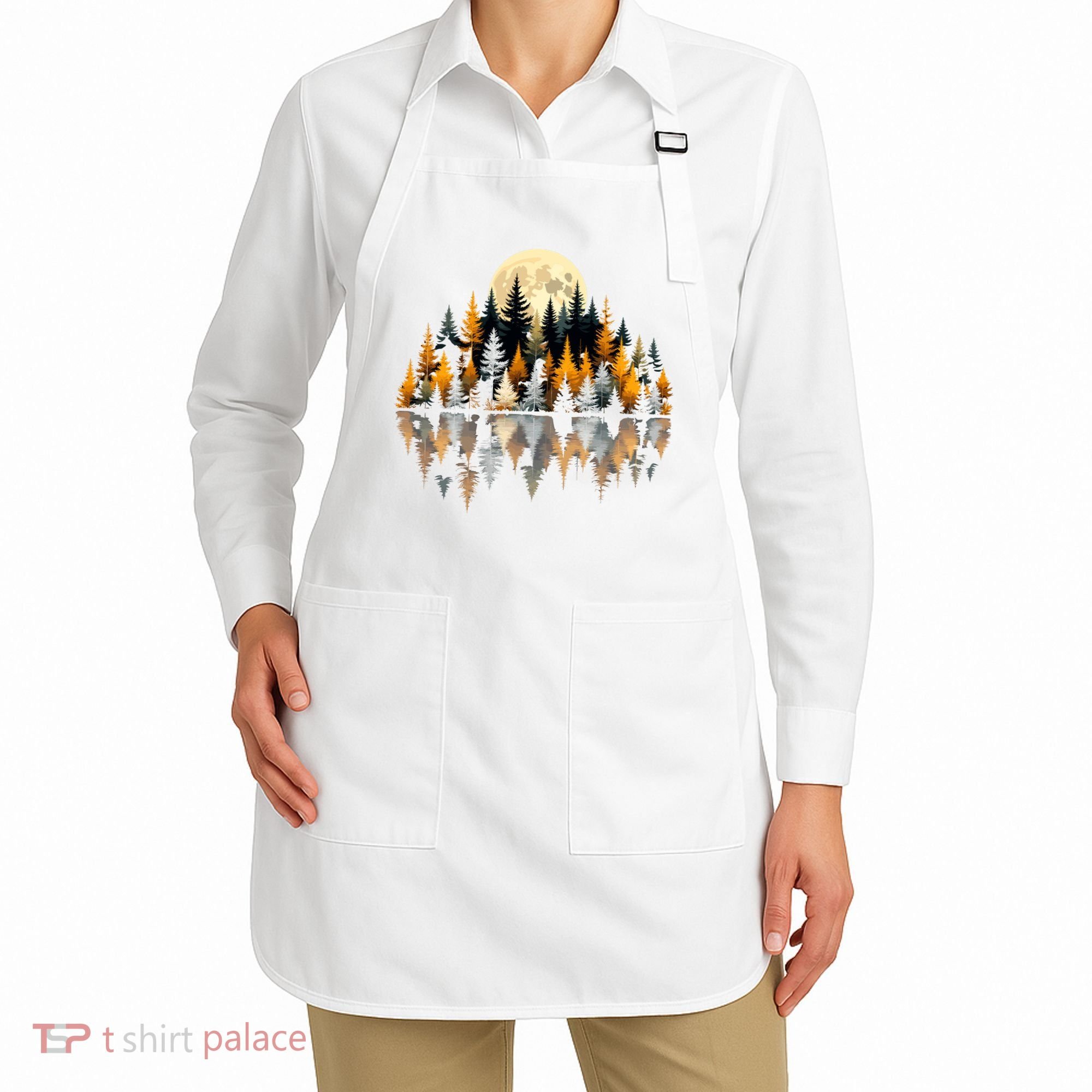 Autumn Forest Trees & Moon Reflection Outdoor Nature Lover Long Sleeve  Apron