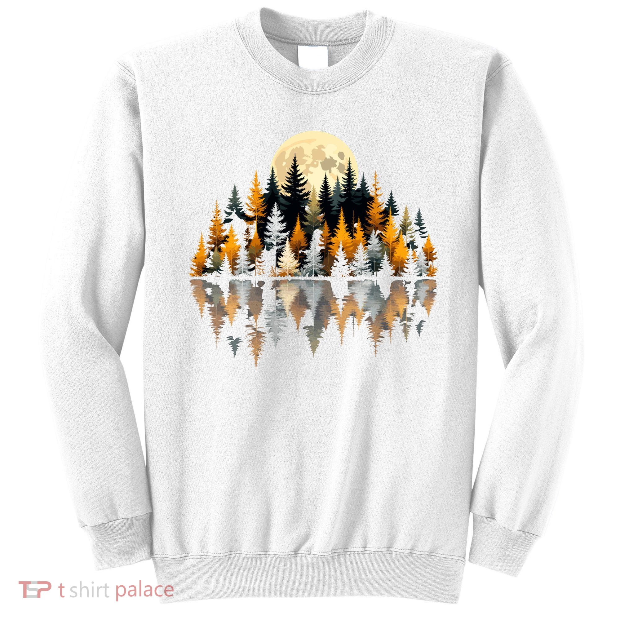 Autumn Forest Trees & Moon Reflection Outdoor Nature Lover Long Sleeve  Sweatshirt