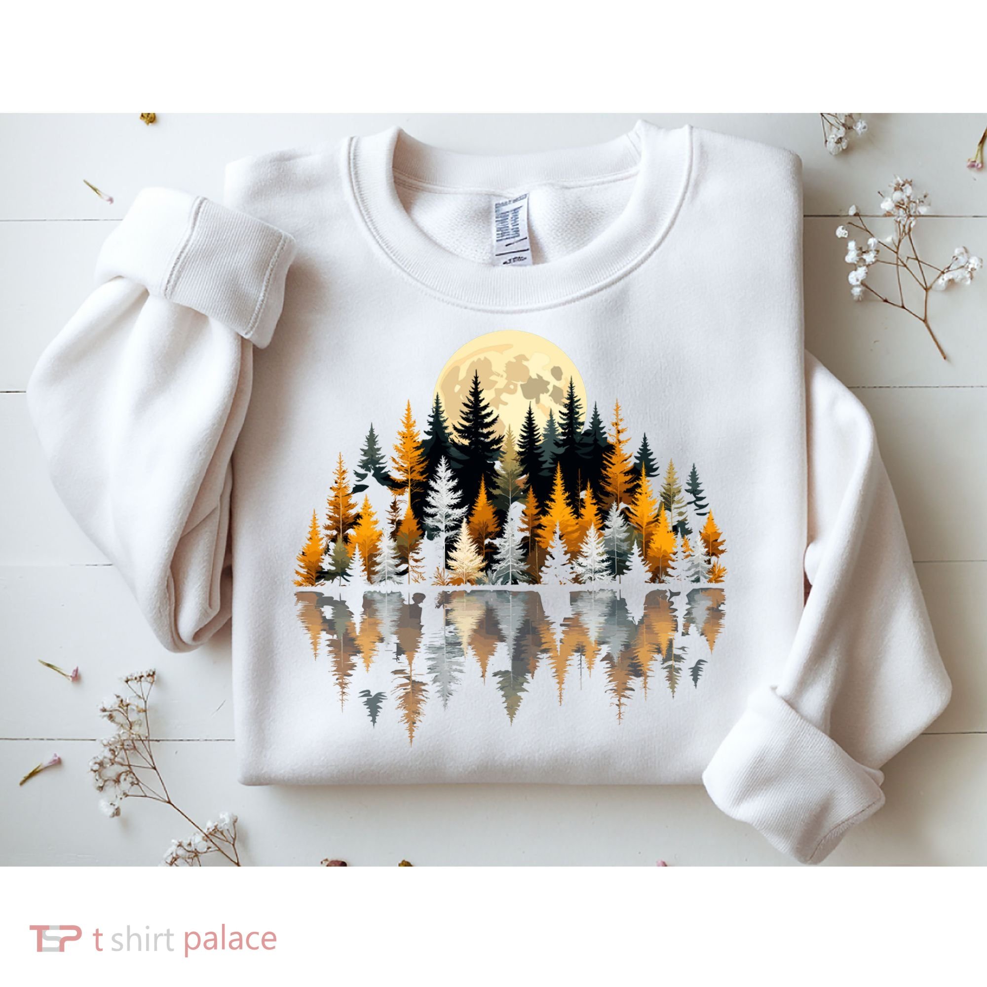 Autumn Forest Trees & Moon Reflection Outdoor Nature Lover Long Sleeve  Sweatshirt