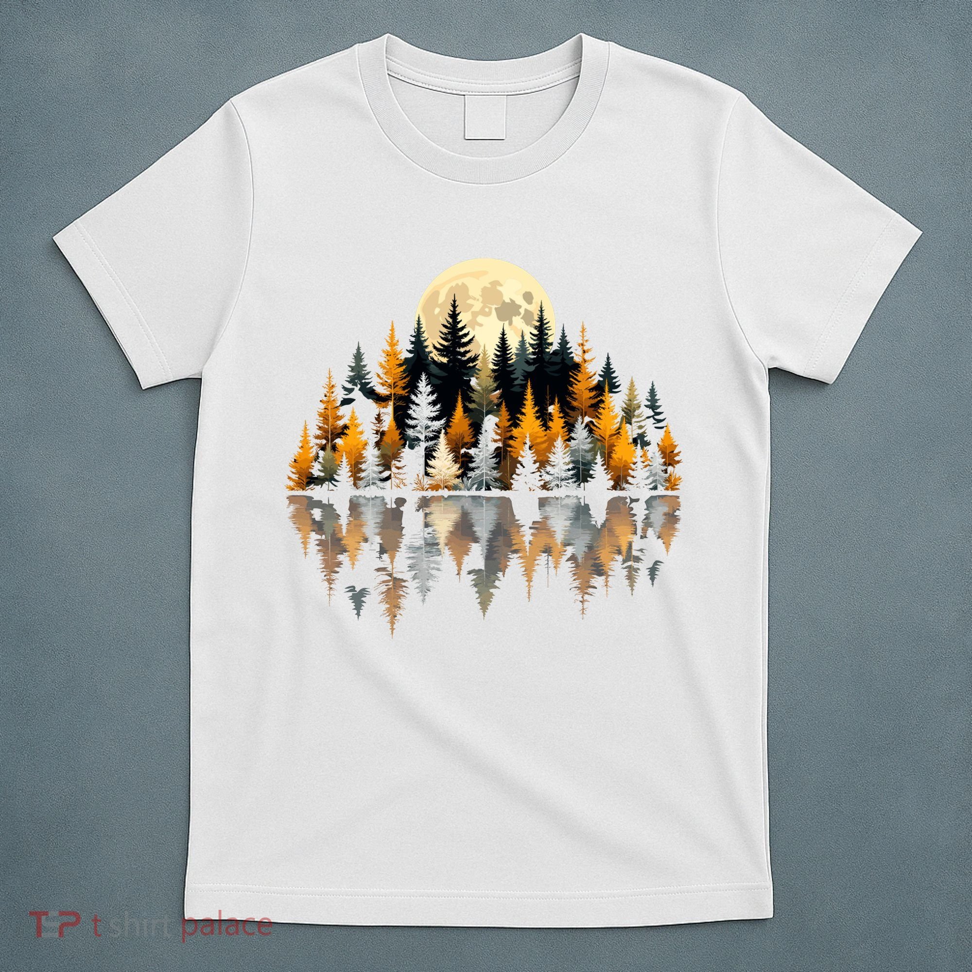 Autumn Forest Trees & Moon Reflection Outdoor Nature Lover Long Sleeve  T-Shirt
