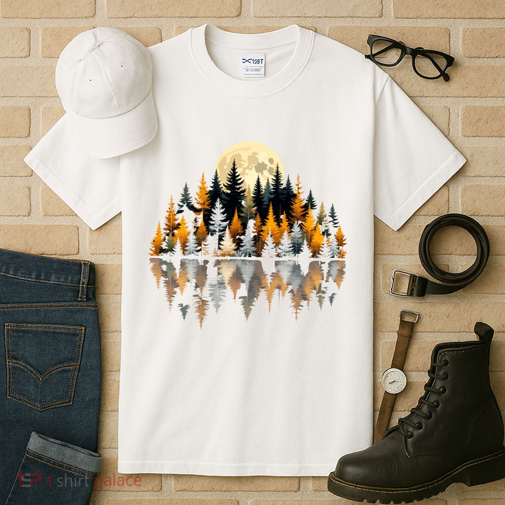 Autumn Forest Trees & Moon Reflection Outdoor Nature Lover Long Sleeve  Tall T-Shirt