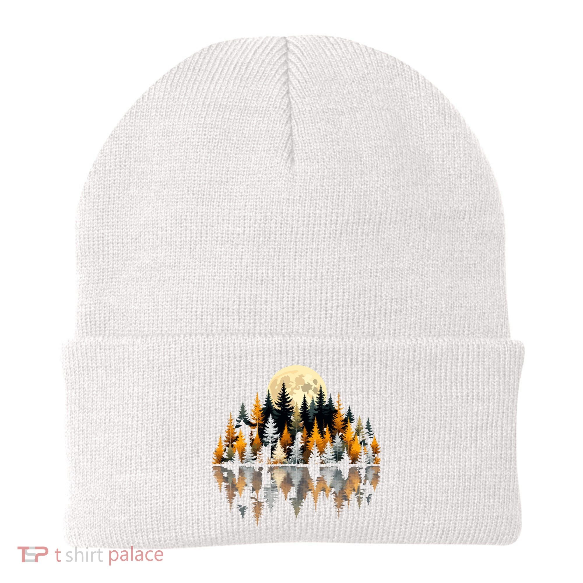 Autumn Forest Trees & Moon Reflection Outdoor Nature Lover Long Sleeve  Beanie