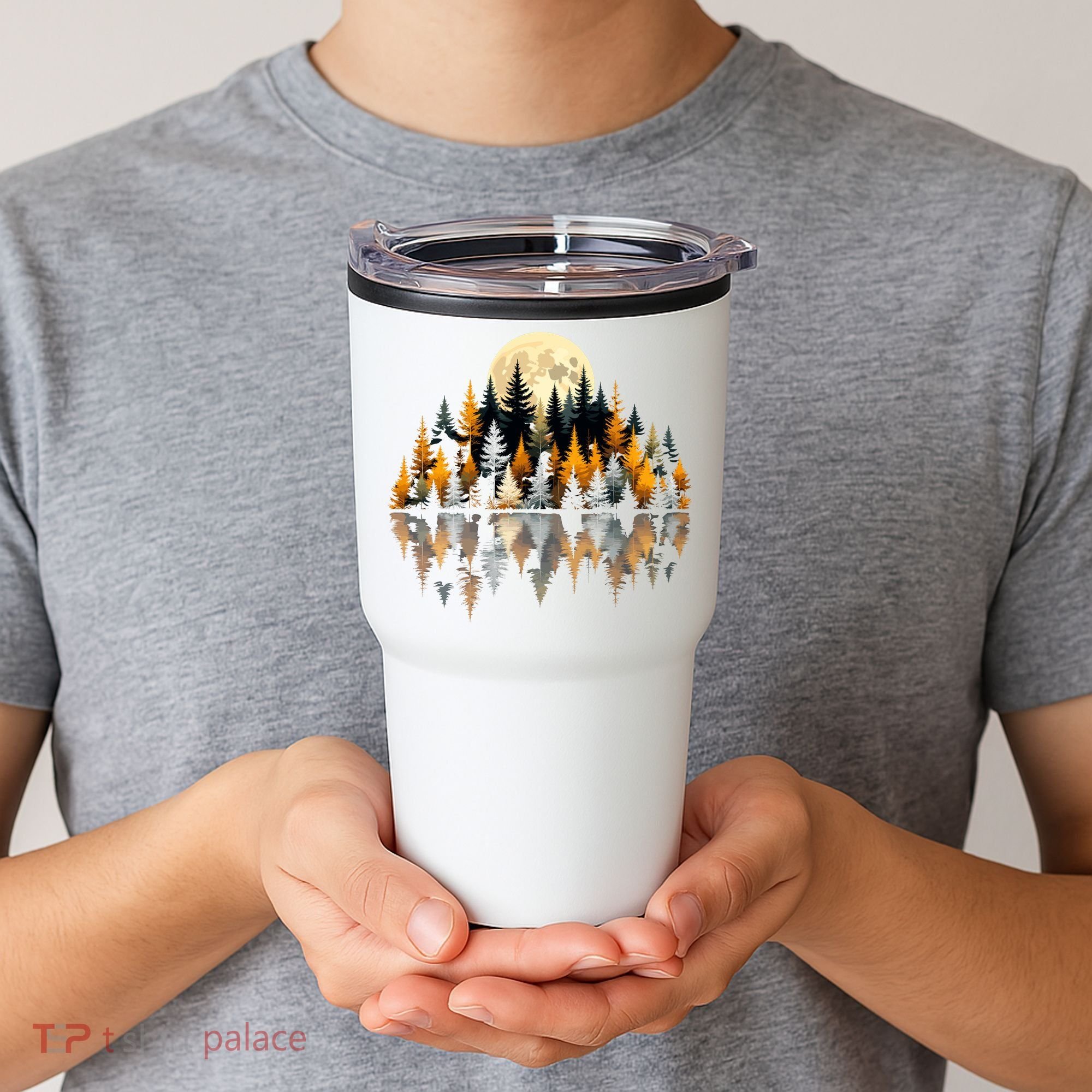Autumn Forest Trees & Moon Reflection Outdoor Nature Lover Long Sleeve  Tumbler