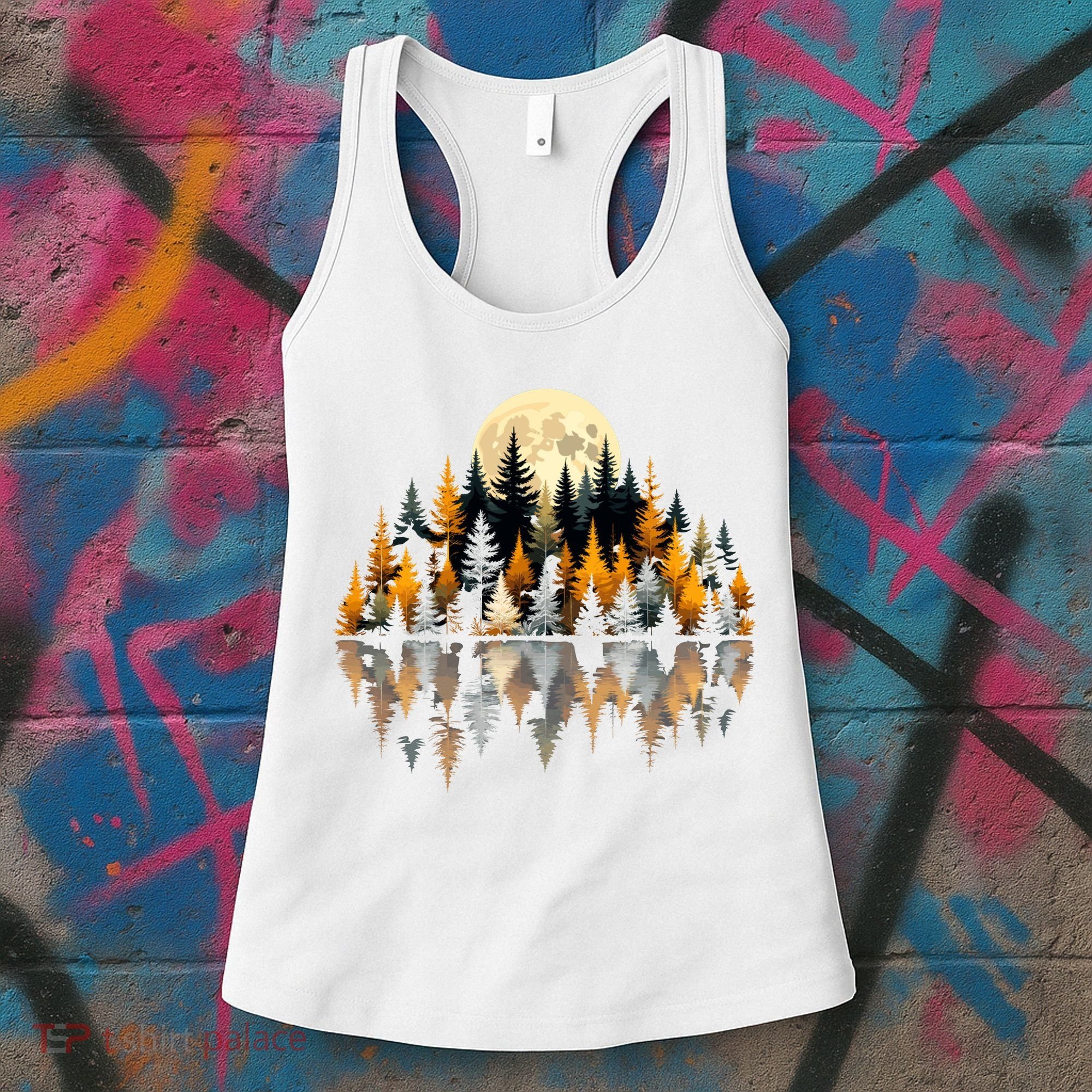 Autumn Forest Trees & Moon Reflection Outdoor Nature Lover Long Sleeve  Women's Tank Top