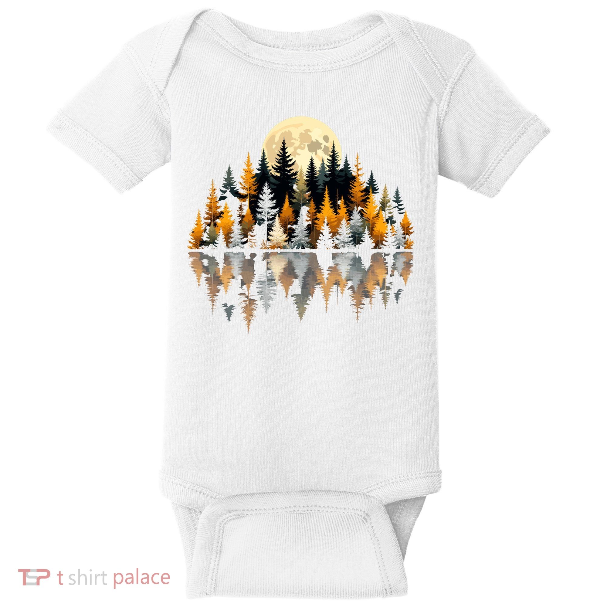 Autumn Forest Trees & Moon Reflection Outdoor Nature Lover Long Sleeve  Baby Bodysuit