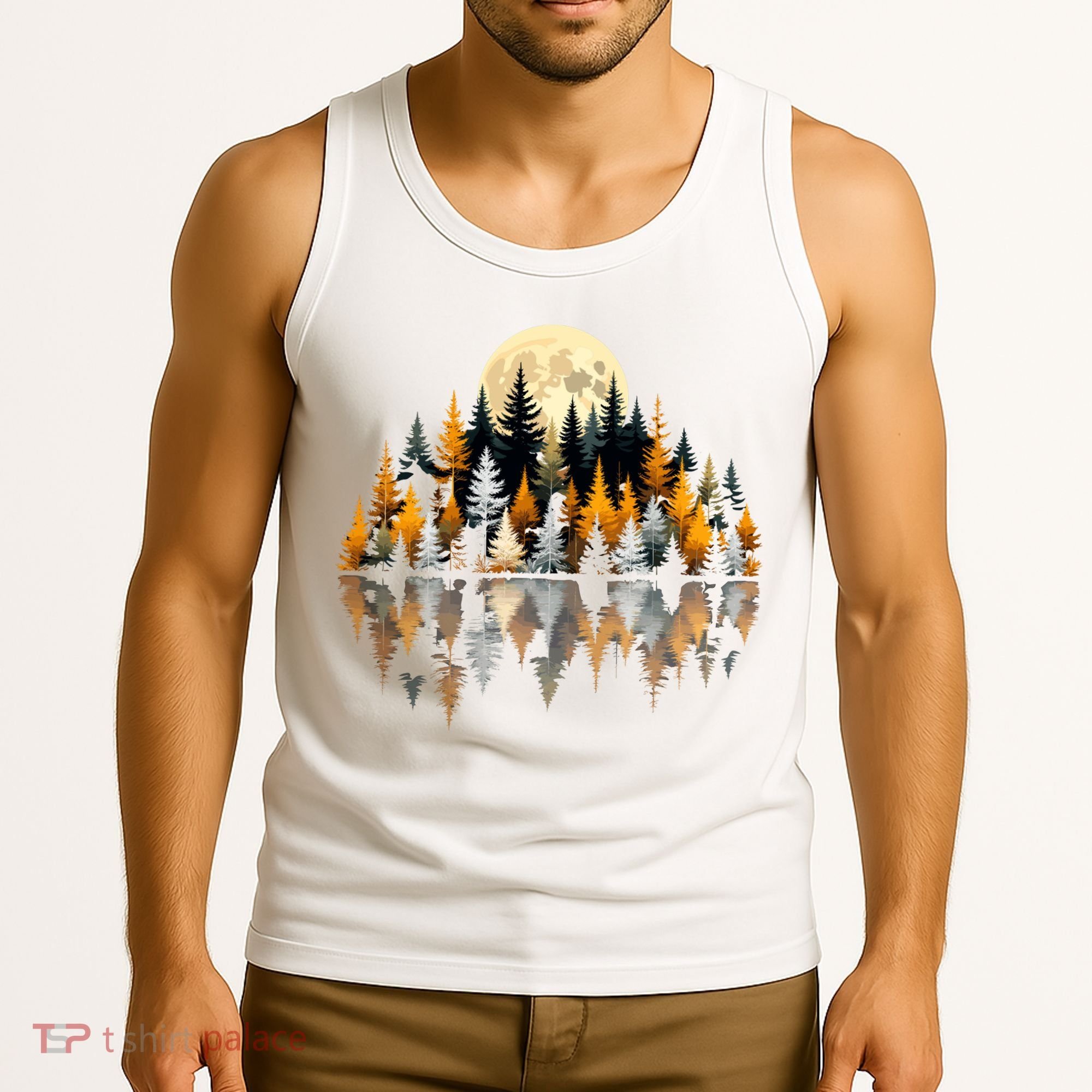Autumn Forest Trees & Moon Reflection Outdoor Nature Lover Long Sleeve  Tank Top
