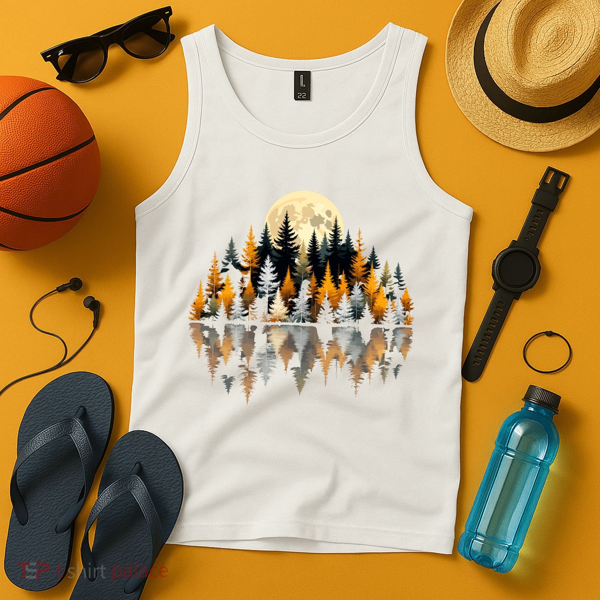 Autumn Forest Trees & Moon Reflection Outdoor Nature Lover Long Sleeve  Tank Top