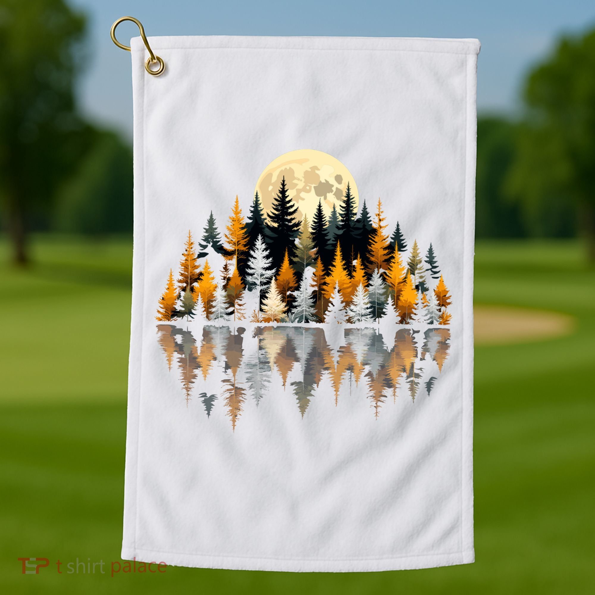 Autumn Forest Trees & Moon Reflection Outdoor Nature Lover Long Sleeve  Golf Towel