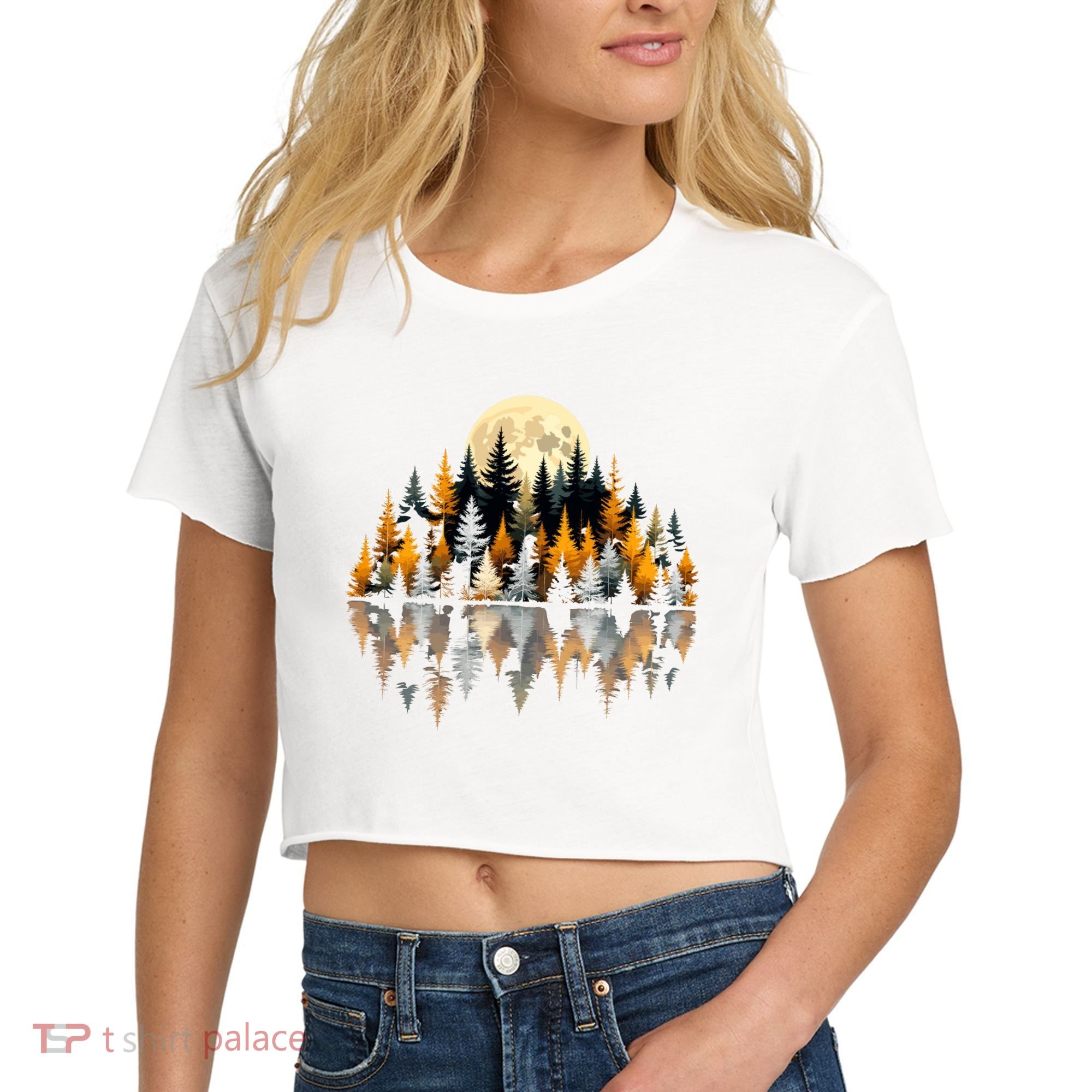 Autumn Forest Trees & Moon Reflection Outdoor Nature Lover Long Sleeve  Women's Crop Top Tee