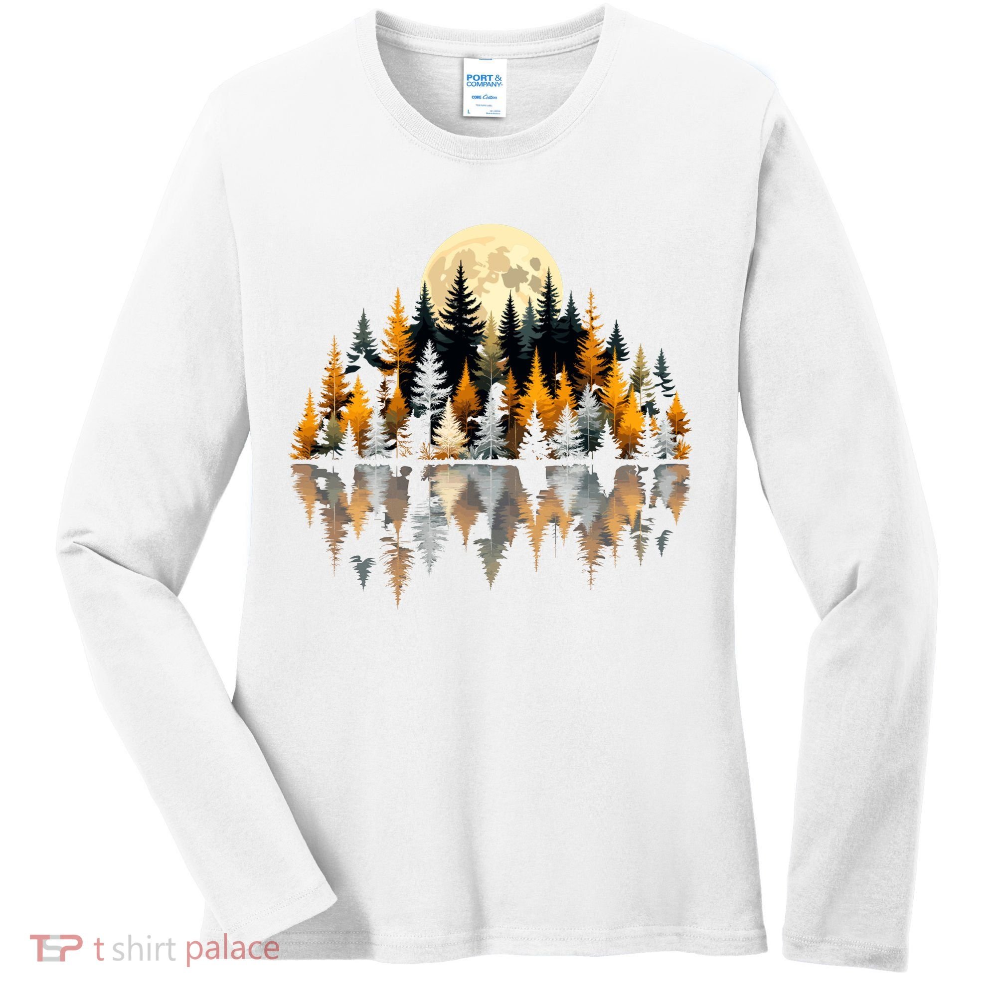 Autumn Forest Trees & Moon Reflection Outdoor Nature Lover Long Sleeve  Women's Long Sleeve Shirt