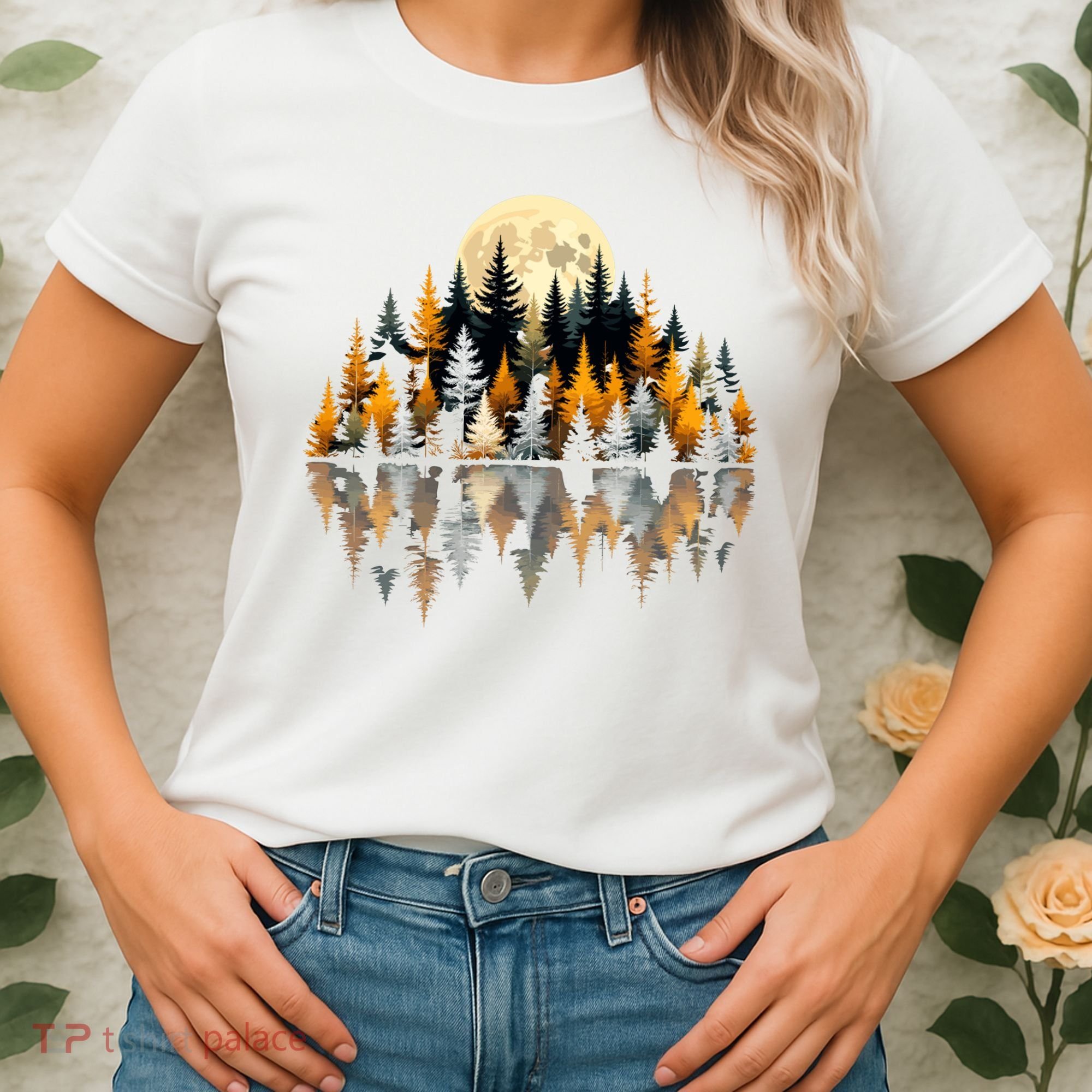 Autumn Forest Trees & Moon Reflection Outdoor Nature Lover Long Sleeve  Women's T-Shirt