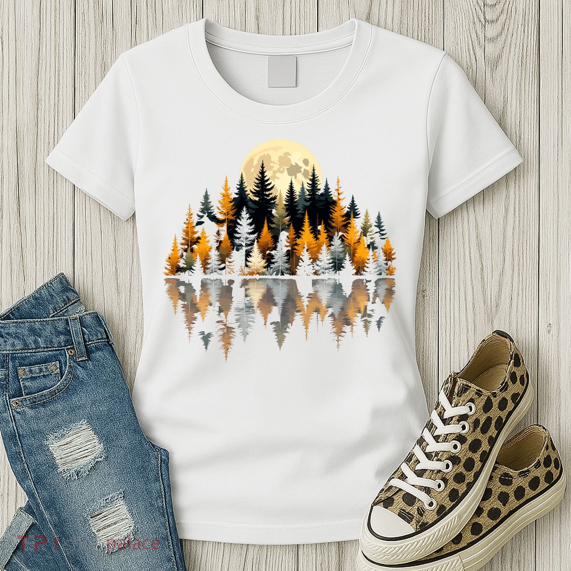 Autumn Forest Trees & Moon Reflection Outdoor Nature Lover Long Sleeve  Women's T-Shirt