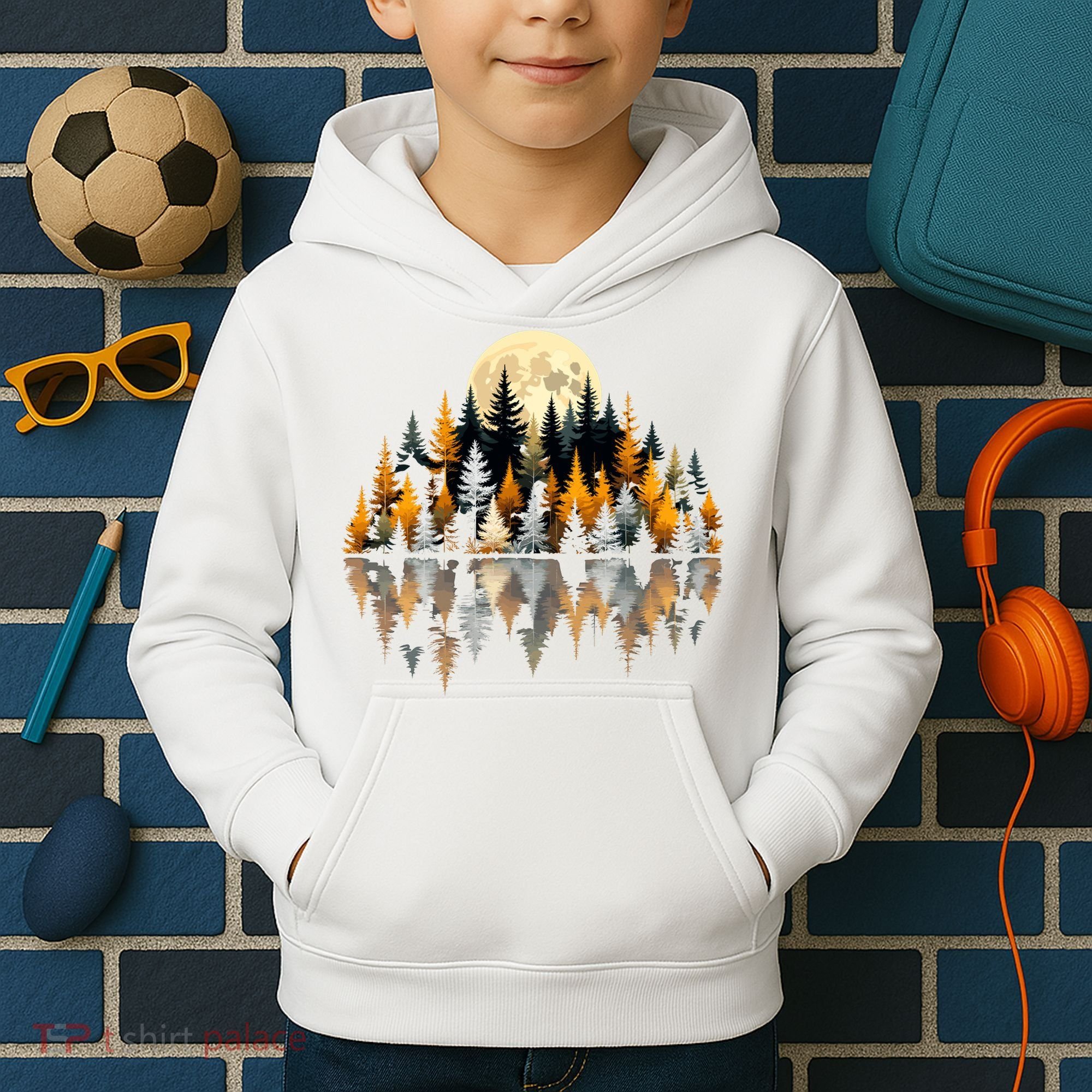 Autumn Forest Trees & Moon Reflection Outdoor Nature Lover Long Sleeve  Kids Hoodie