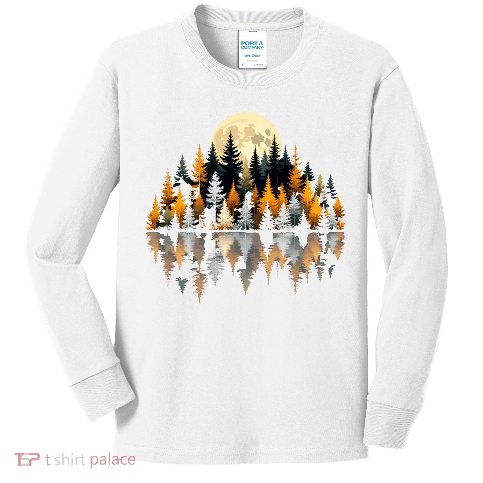 Autumn Forest Trees & Moon Reflection Outdoor Nature Lover Long Sleeve  Kids Long Sleeve Shirt