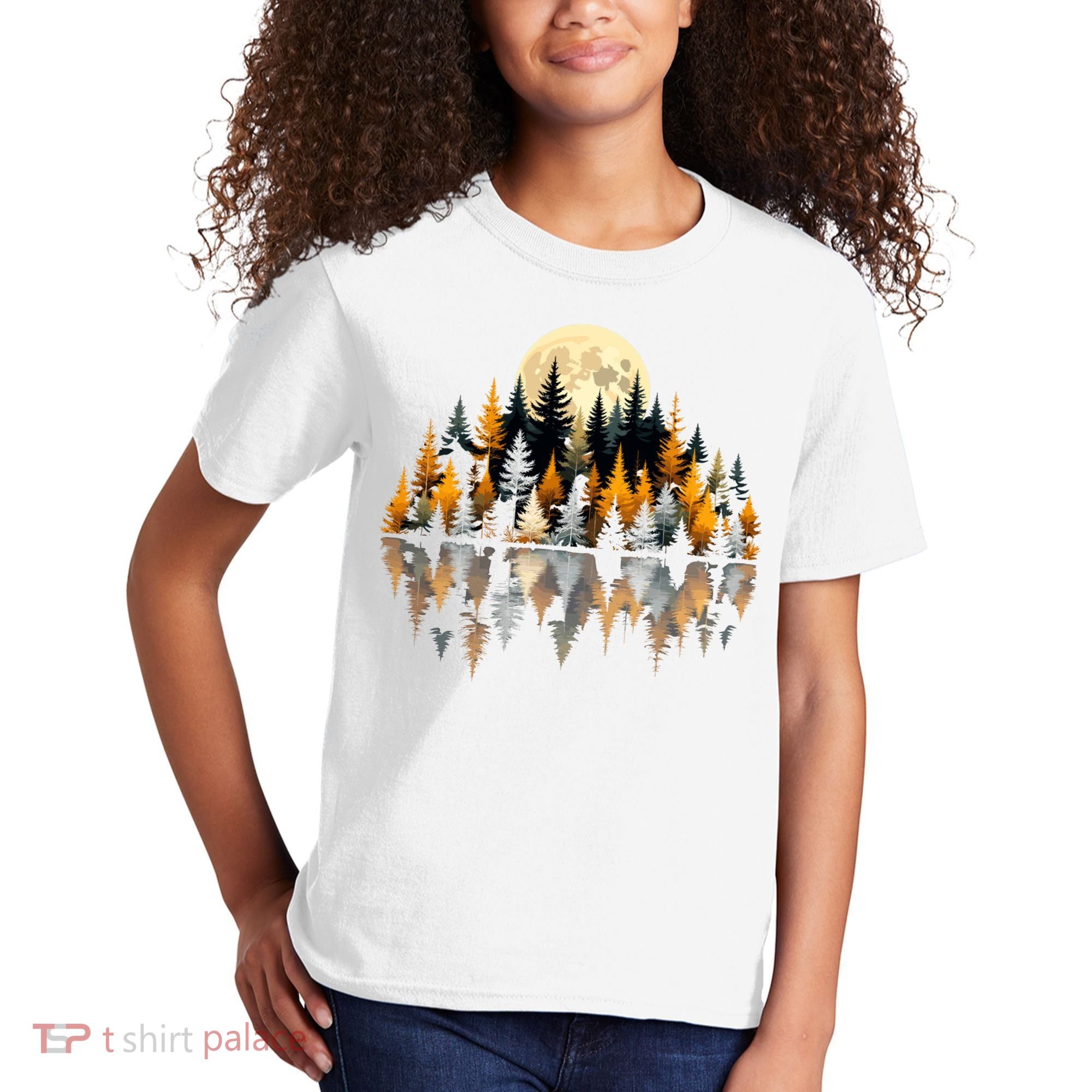 Autumn Forest Trees & Moon Reflection Outdoor Nature Lover Long Sleeve  Kids T-Shirt