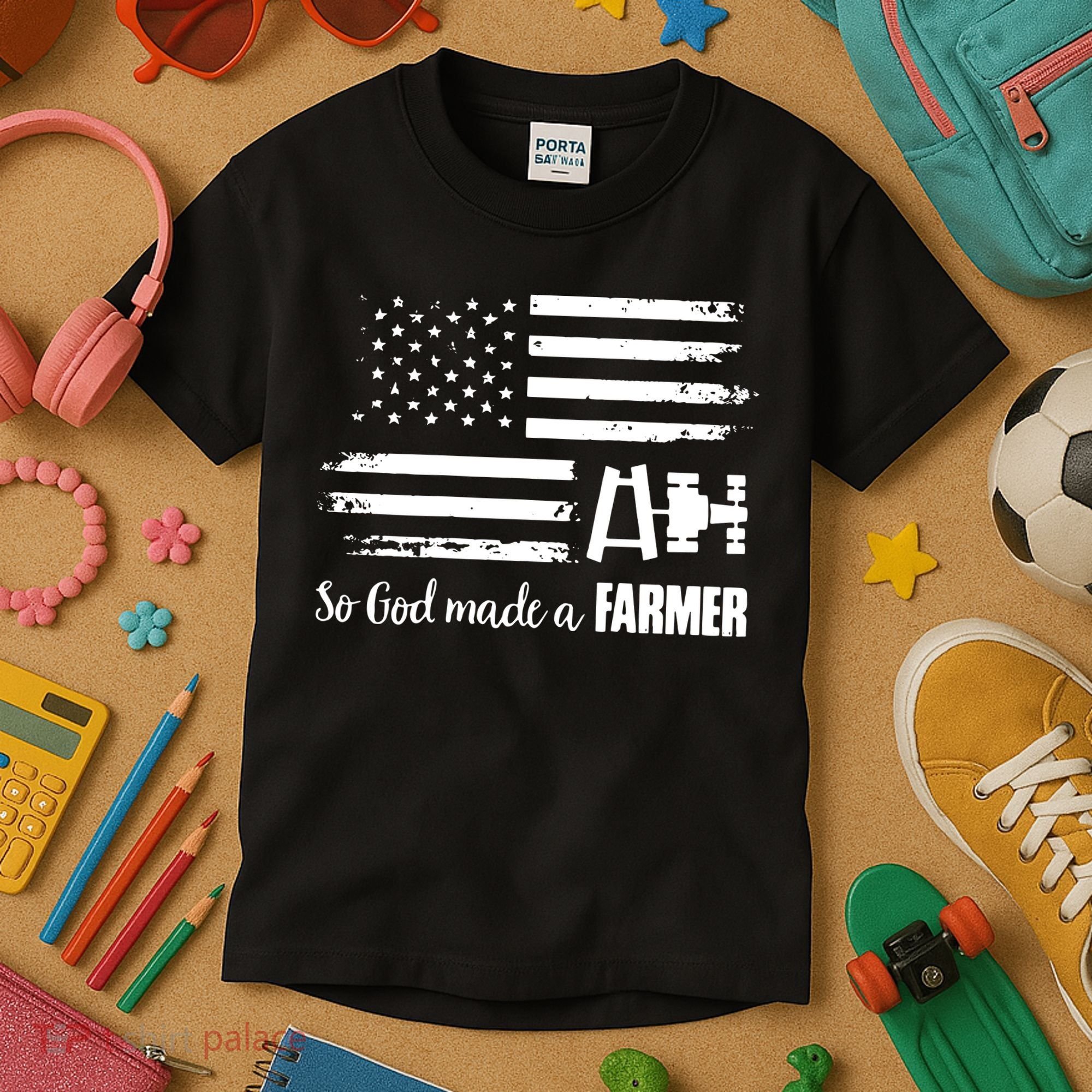 American Flag Tractor So God Made A Farmer T Kids T-Shirt