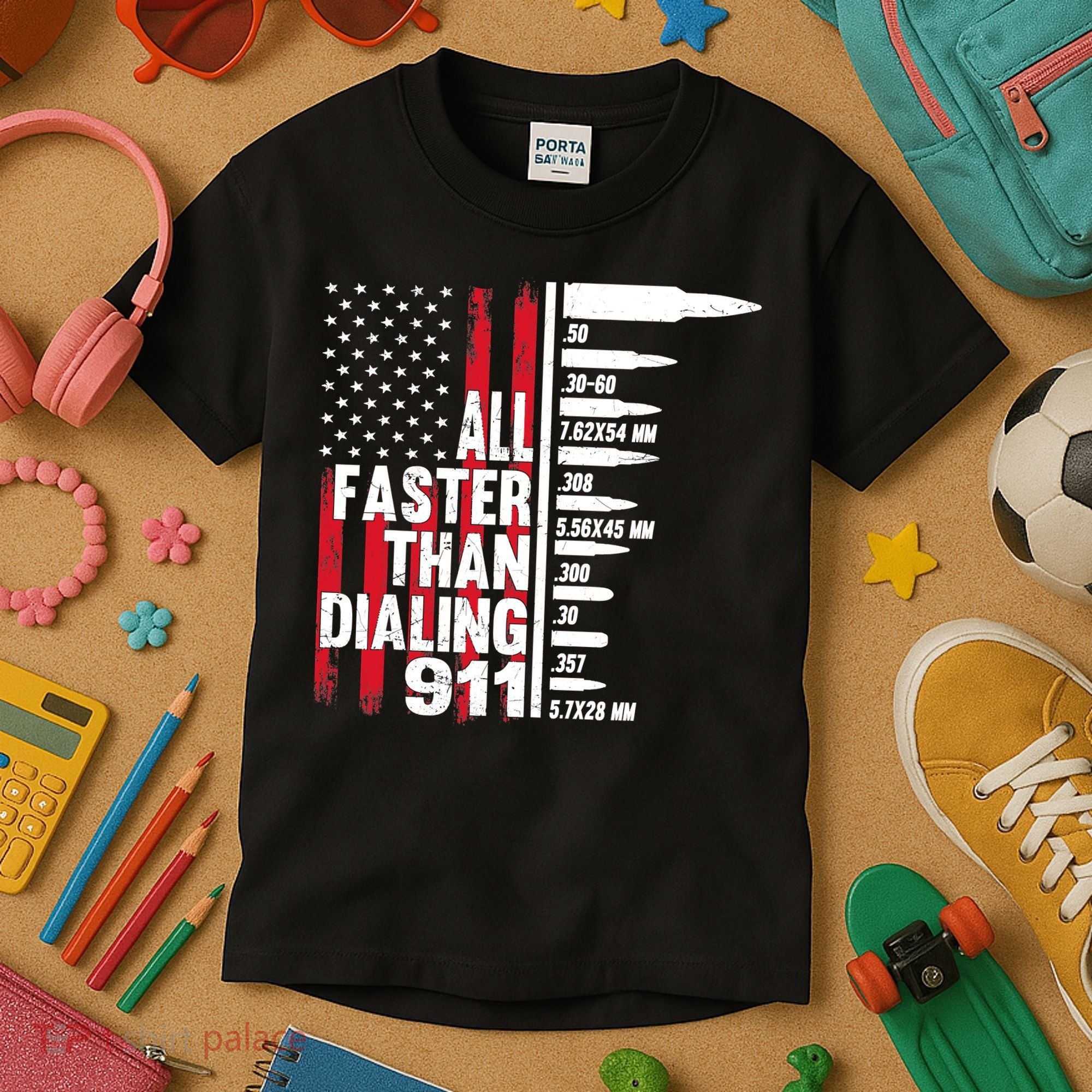 All Faster Than Dialing 911 American Flag Gun Lover Kids T-Shirt