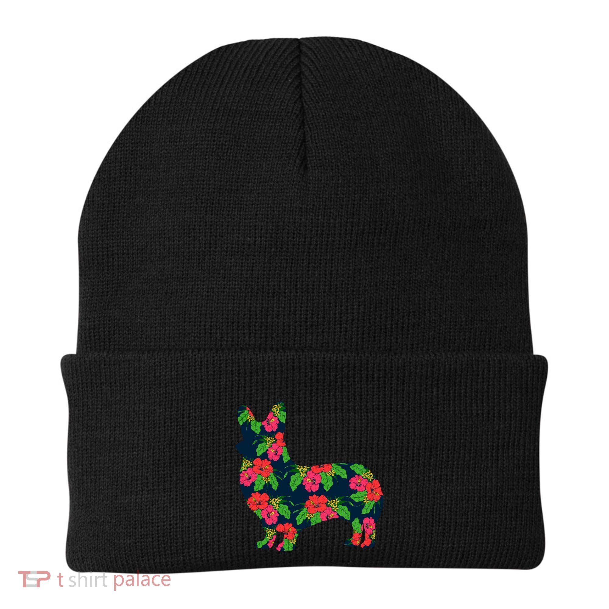 Aesthetic Floral Welsh Corgi Silhouette Dog Flower Gift Beanie