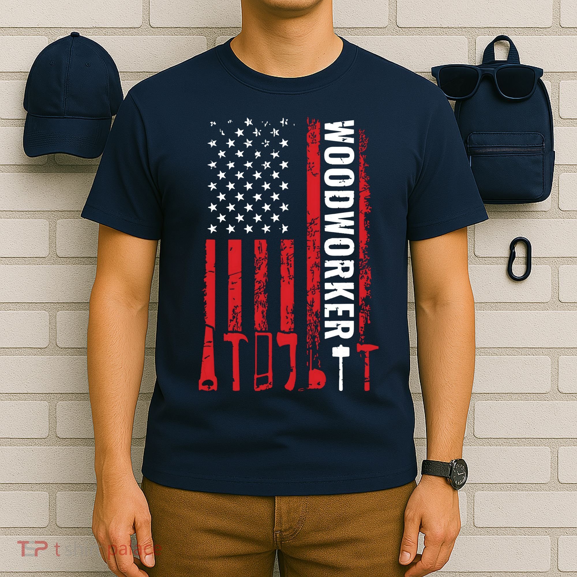 American Flag Woodworker Carpenter Funny Woodworking T-Shirt