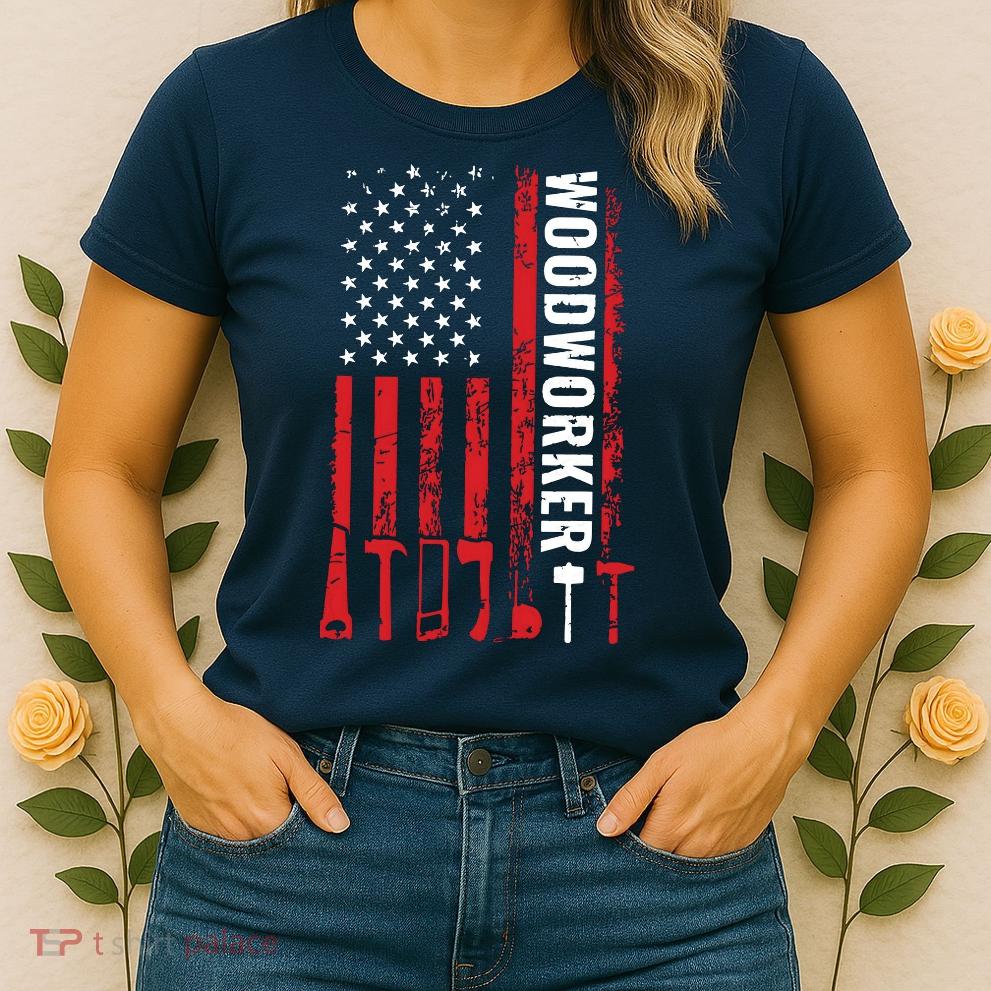 American Flag Woodworker Carpenter Funny Woodworking Women's T-Shirt