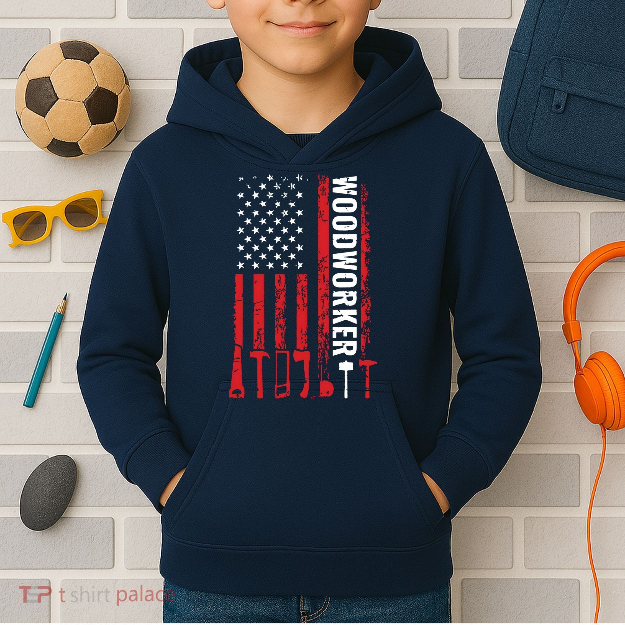 American Flag Woodworker Carpenter Funny Woodworking Kids Hoodie