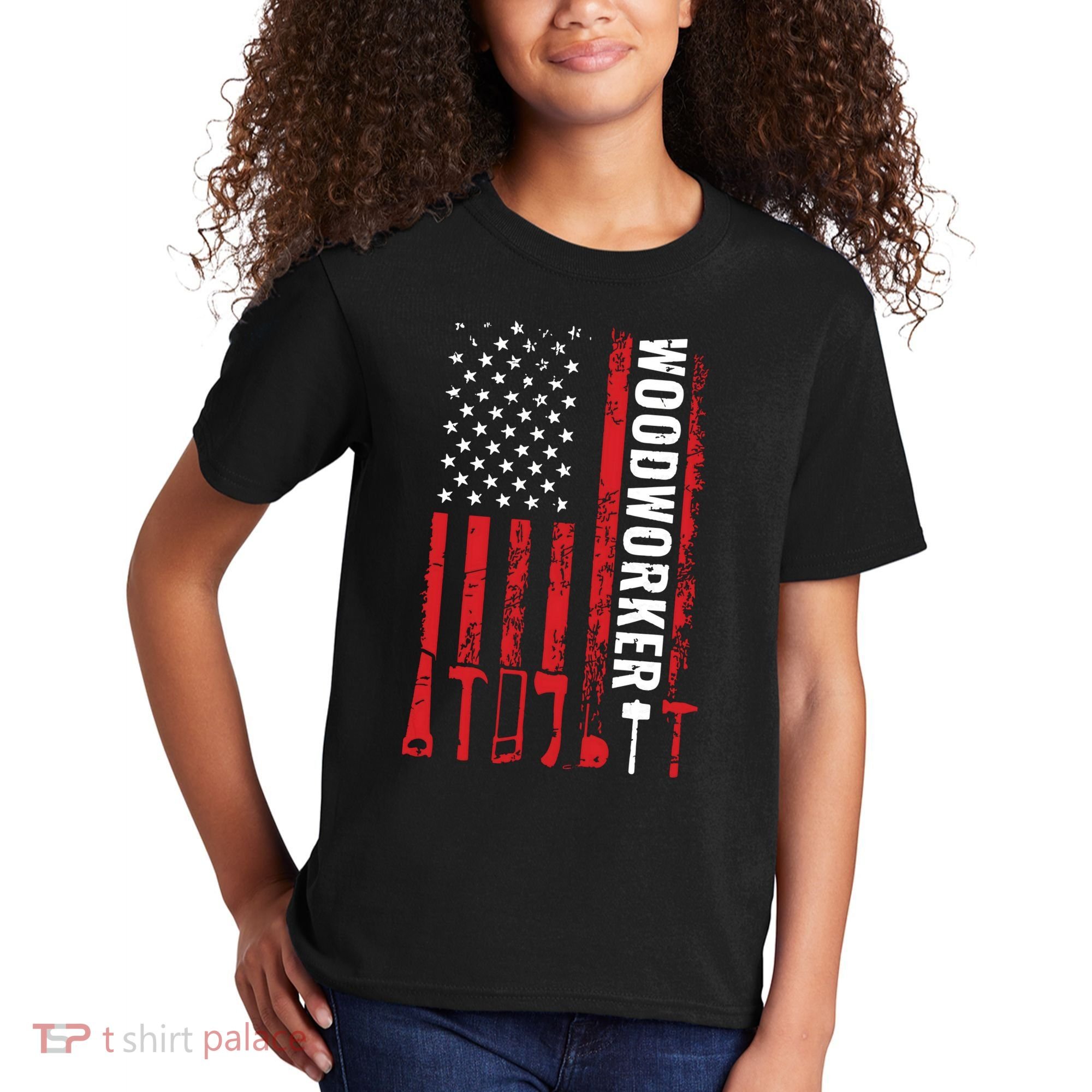 American Flag Woodworker Carpenter Funny Woodworking Kids T-Shirt