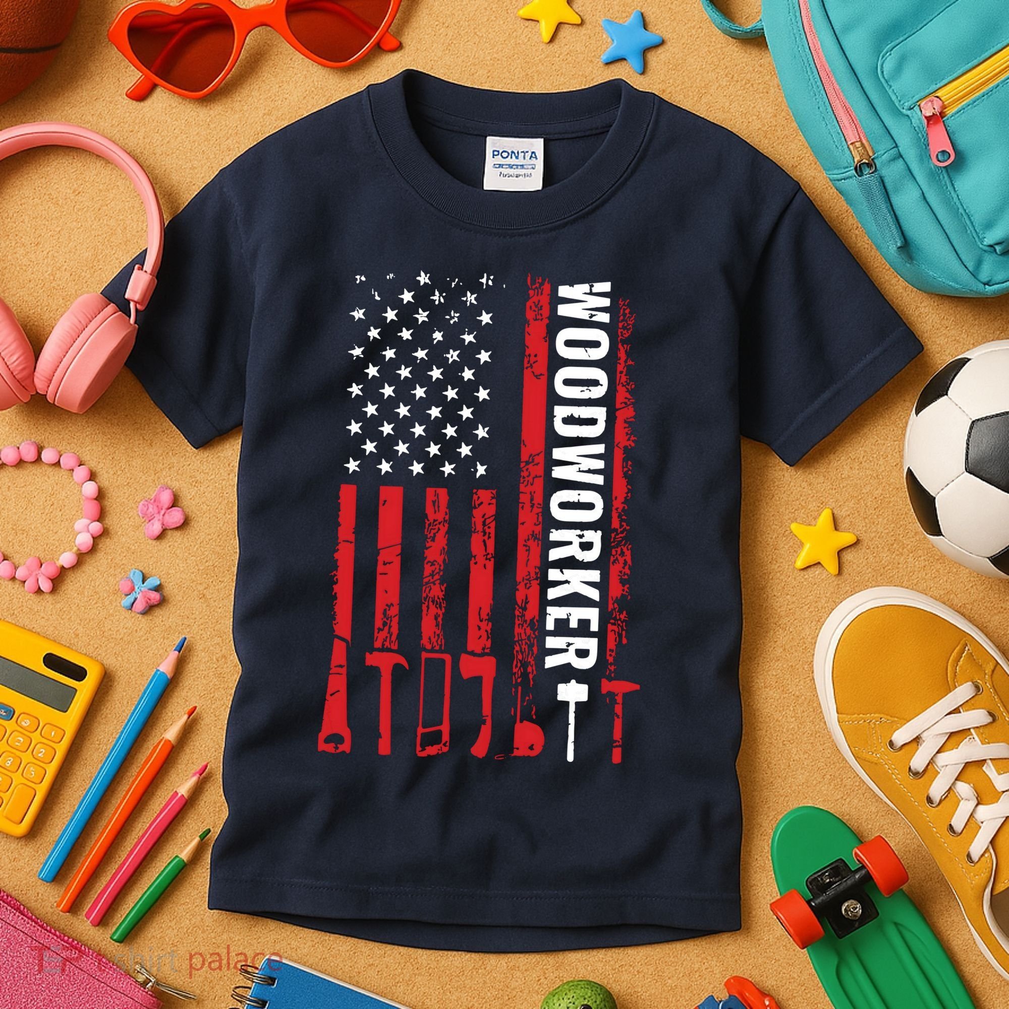 American Flag Woodworker Carpenter Funny Woodworking Kids T-Shirt