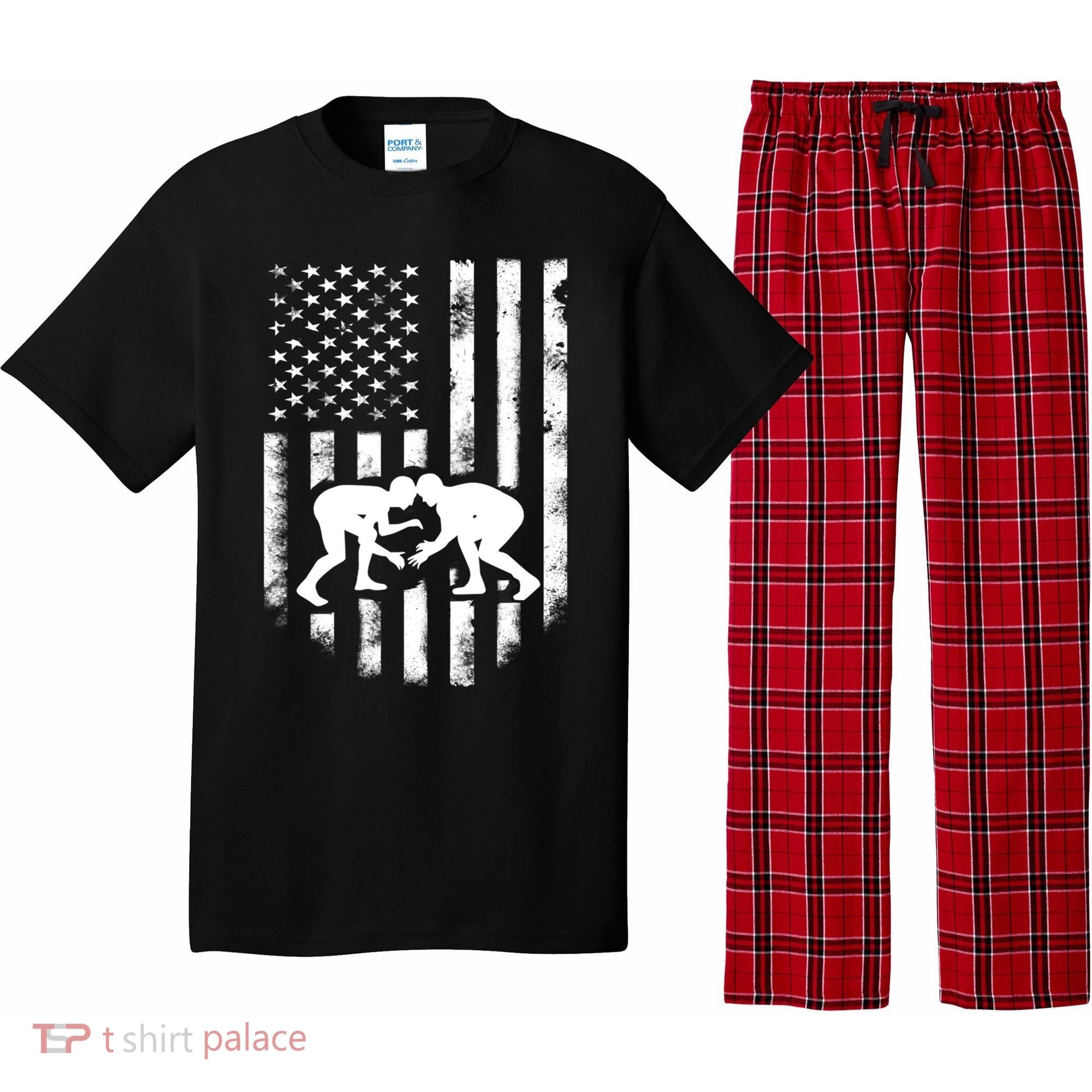 American Flag Wrestling Meaningful Gift Distressed Wrestle Gift Tee Pajama Set