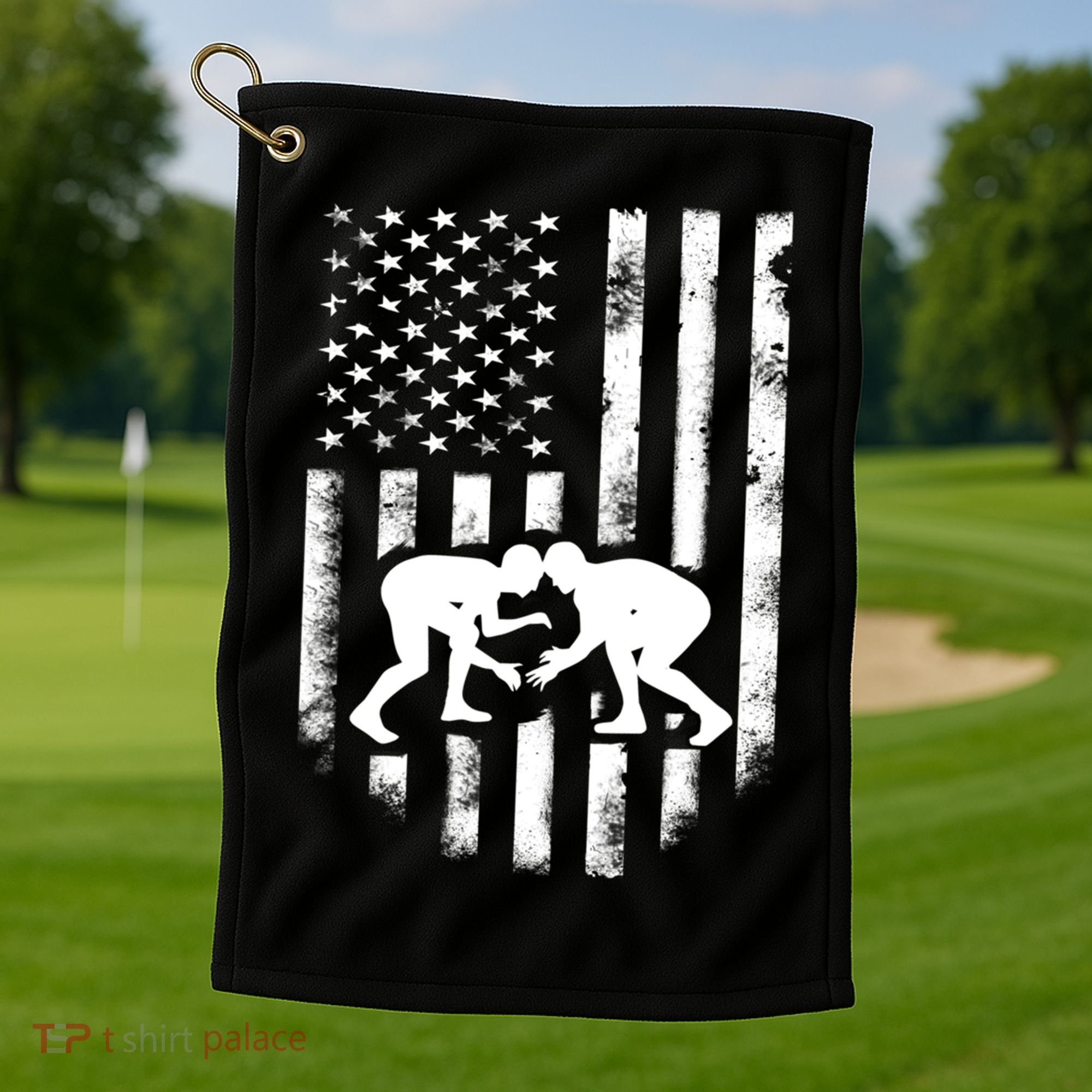 American Flag Wrestling Meaningful Gift Distressed Wrestle Gift Tee Golf Towel