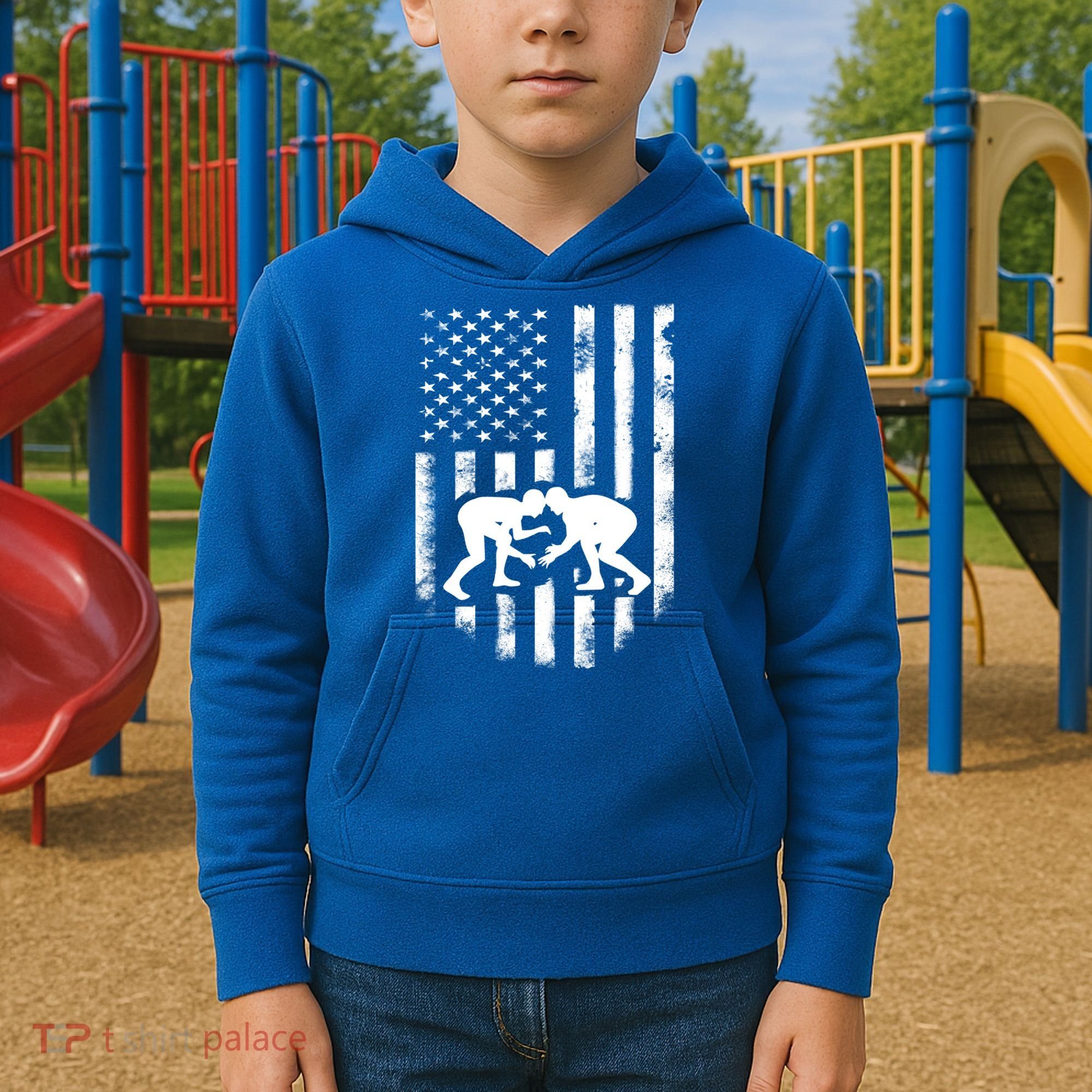 American Flag Wrestling Meaningful Gift Distressed Wrestle Gift Tee Kids Hoodie