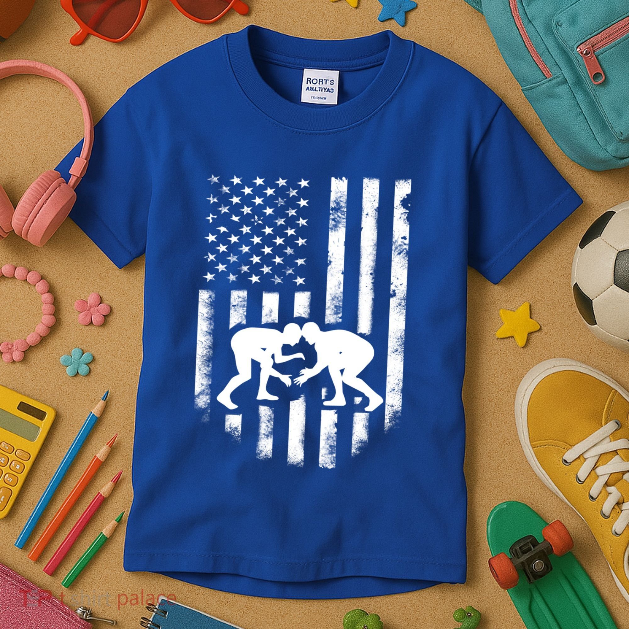 American Flag Wrestling Gift Distressed Wrestle Gift Gift Kids T-Shirt