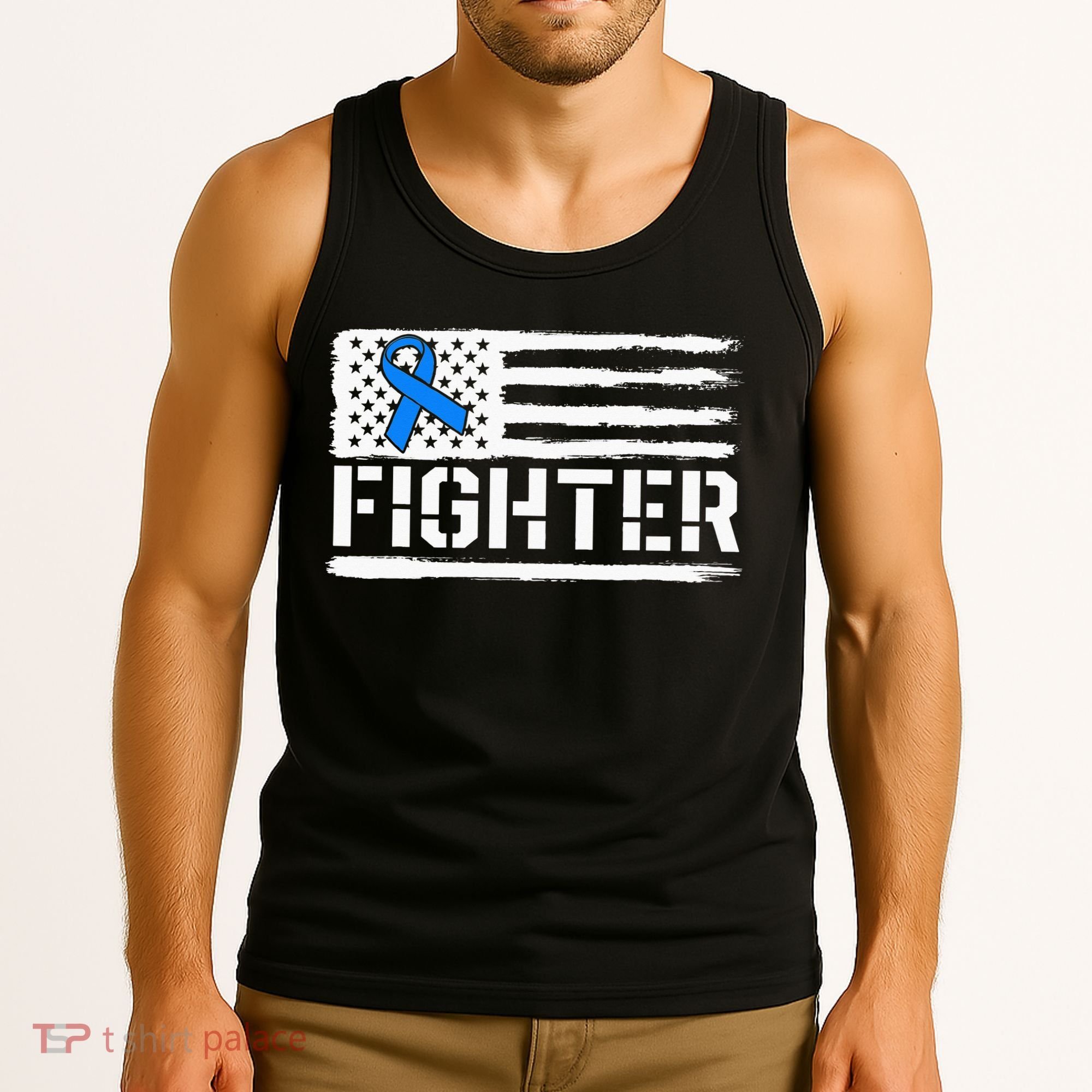 ALS Fighter Warrior Blue American Flag Awareness Ribbon Tank Top