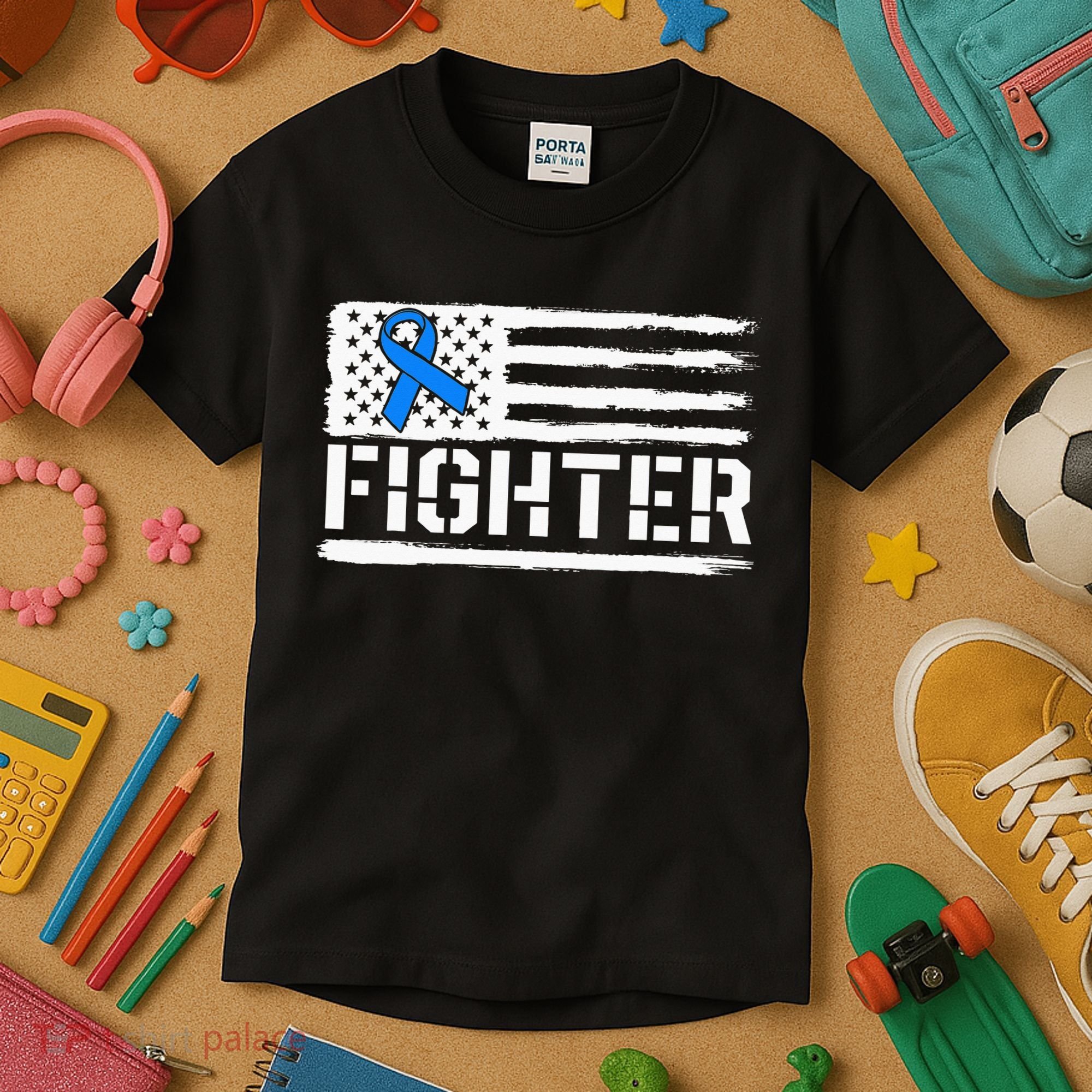 ALS Fighter Warrior Blue American Flag Awareness Ribbon Kids T-Shirt