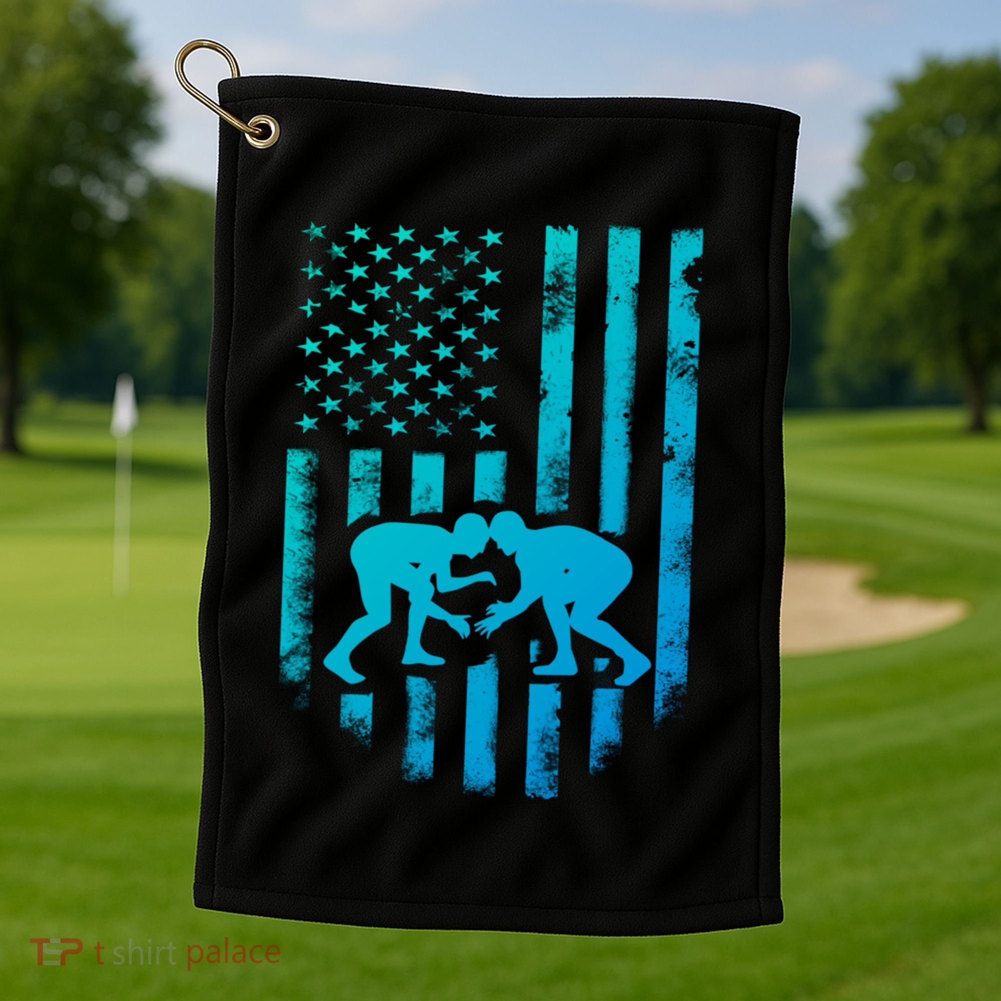 American Flag Wrestling Gift Distressed Wrestle Gift Golf Towel