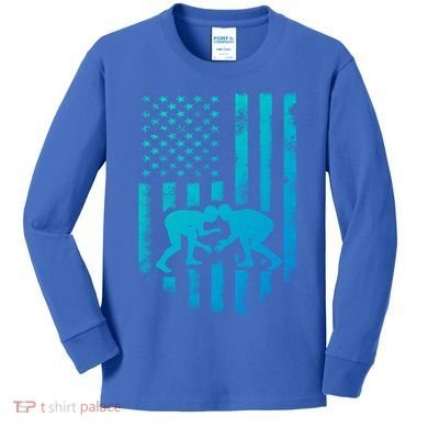American Flag Wrestling Gift Distressed Wrestle Gift Kids Long Sleeve Shirt