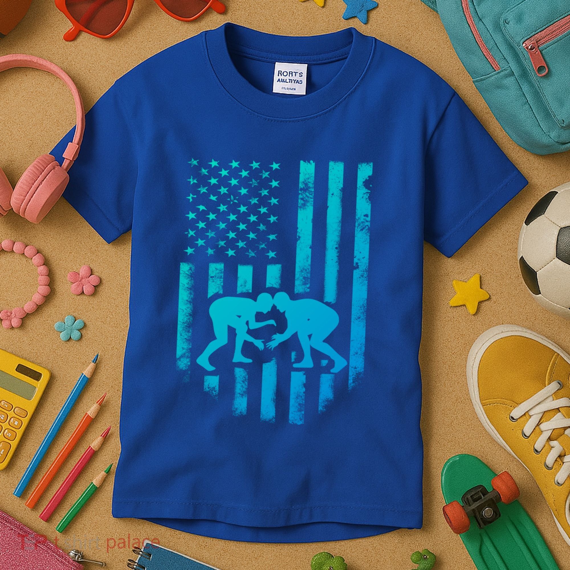American Flag Wrestling Gift Distressed Wrestle Gift Kids T-Shirt