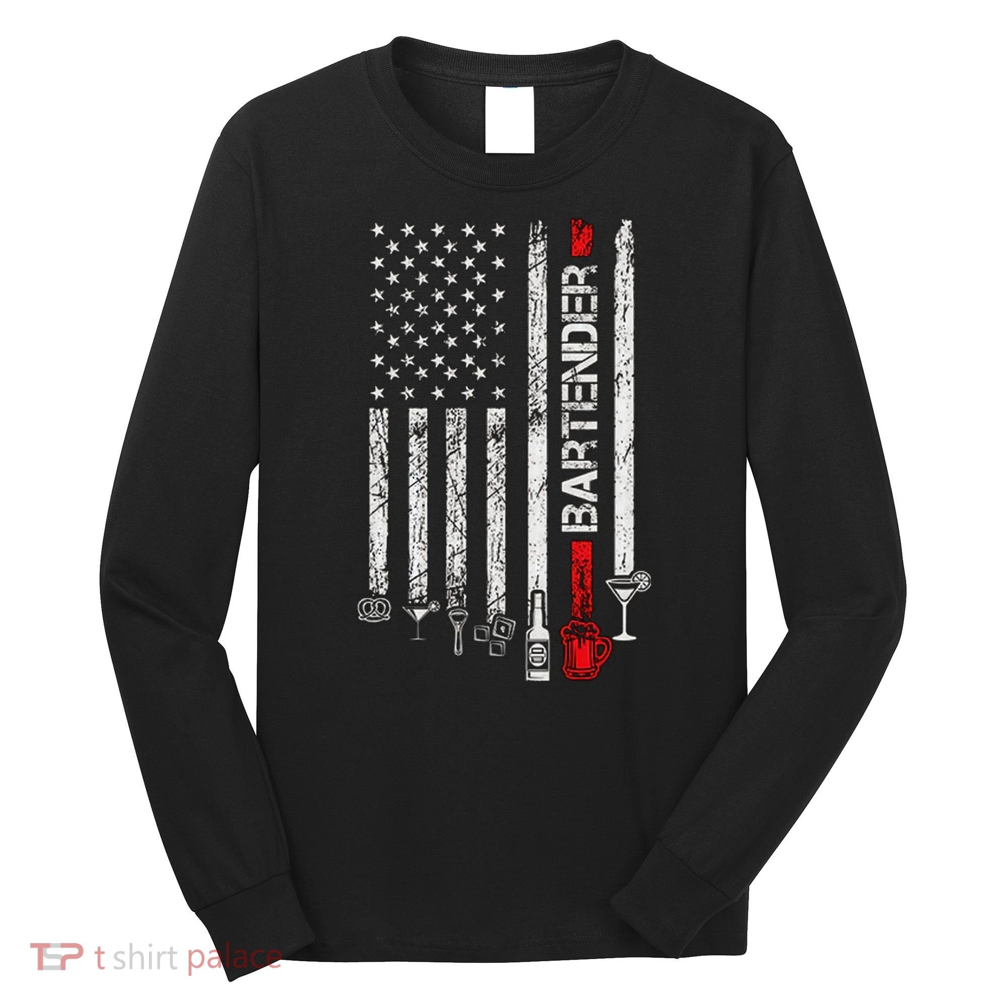 American Flag With Bartender Cool Gift For Women Men Father Long Sleeve Shirt